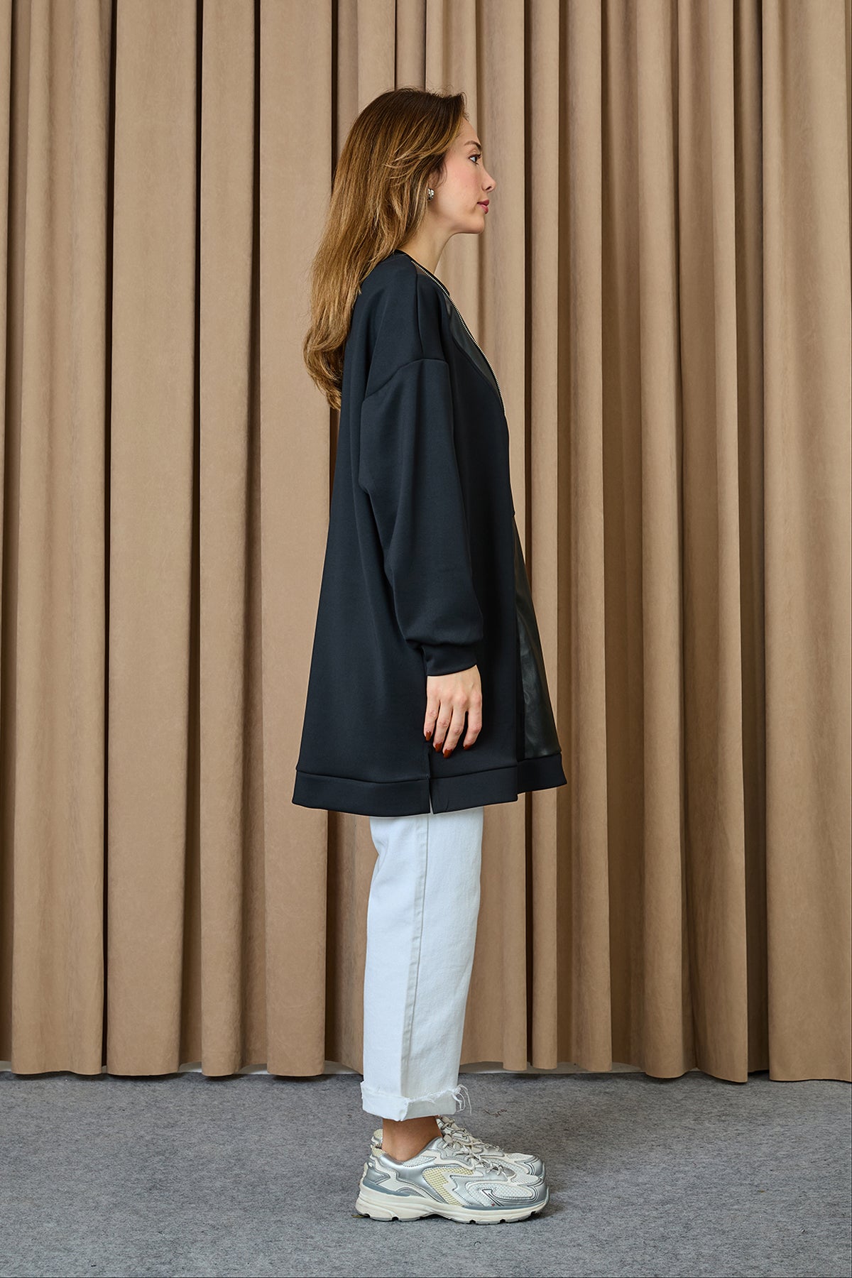 Kadın Fermuar ve Deri Detaylı Asimetrik Tunik - 10728TUN