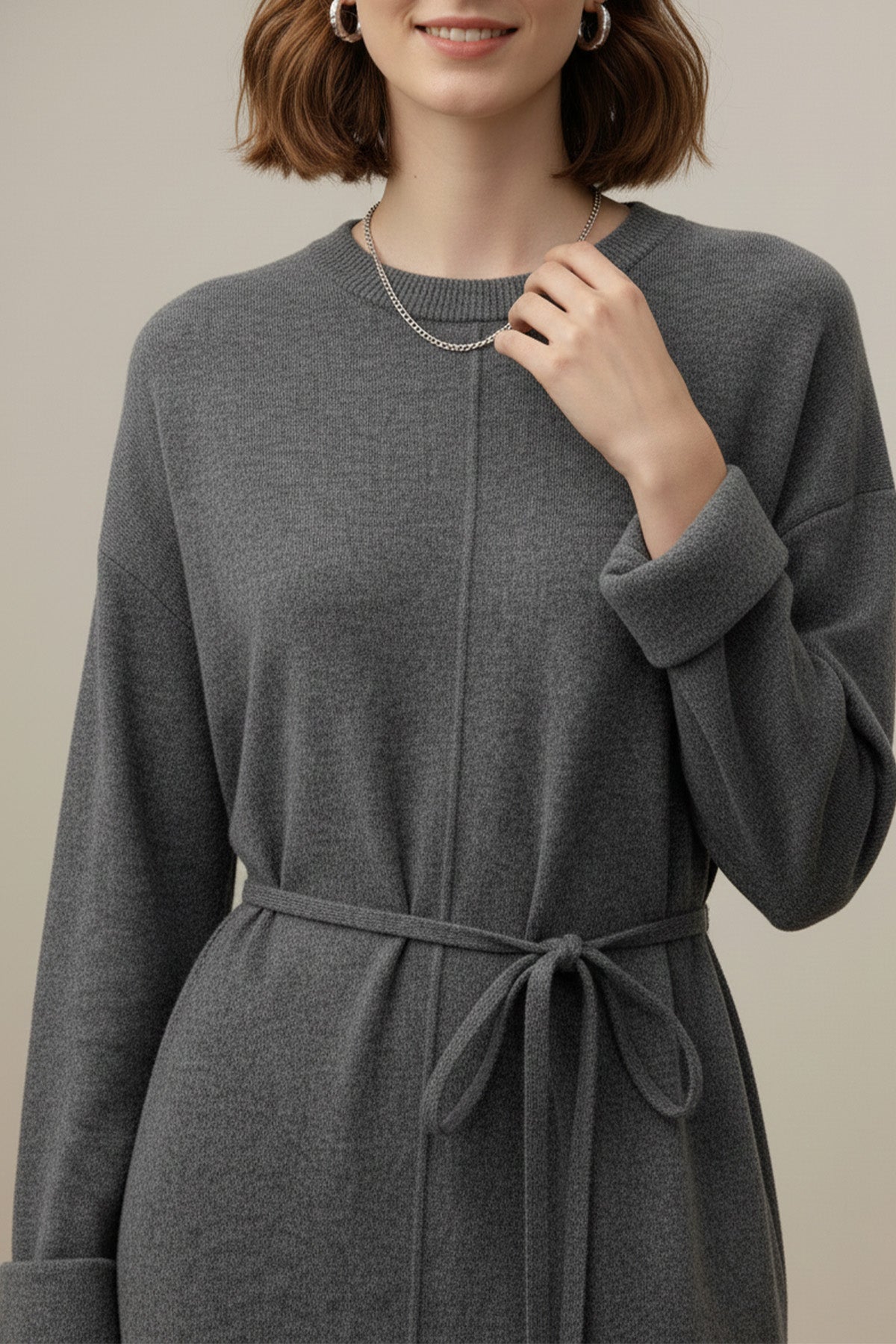 Kadın Kuşaklı Rahat Kesim Uzun Triko Elbise – 12664ELB