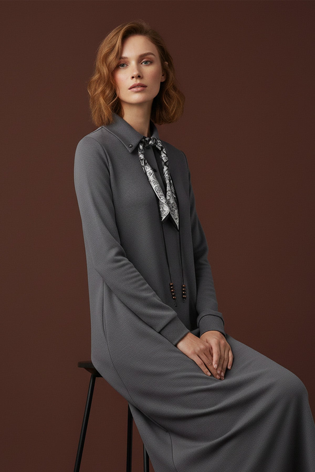 Kadın Fular Detaylı Polo Yaka Rahat Kesim Uzun Elbise – 12666ELB