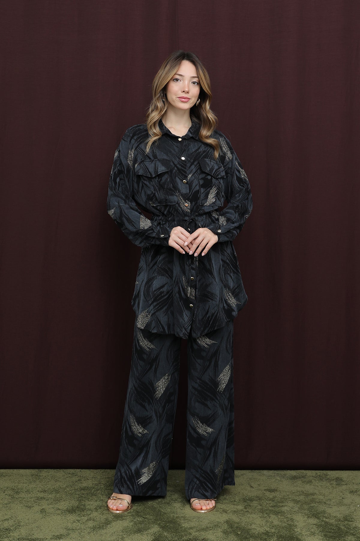 Kadın Cep Detaylı Beli Tünelli Gömlek Takım - 14392TKS