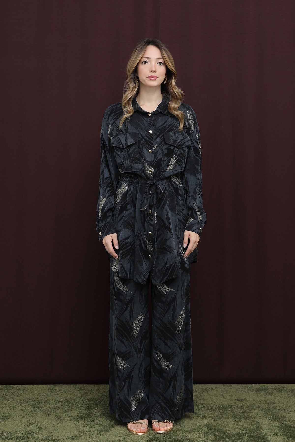 Kadın Cep Detaylı Beli Tünelli Gömlek Takım - 14392TKS