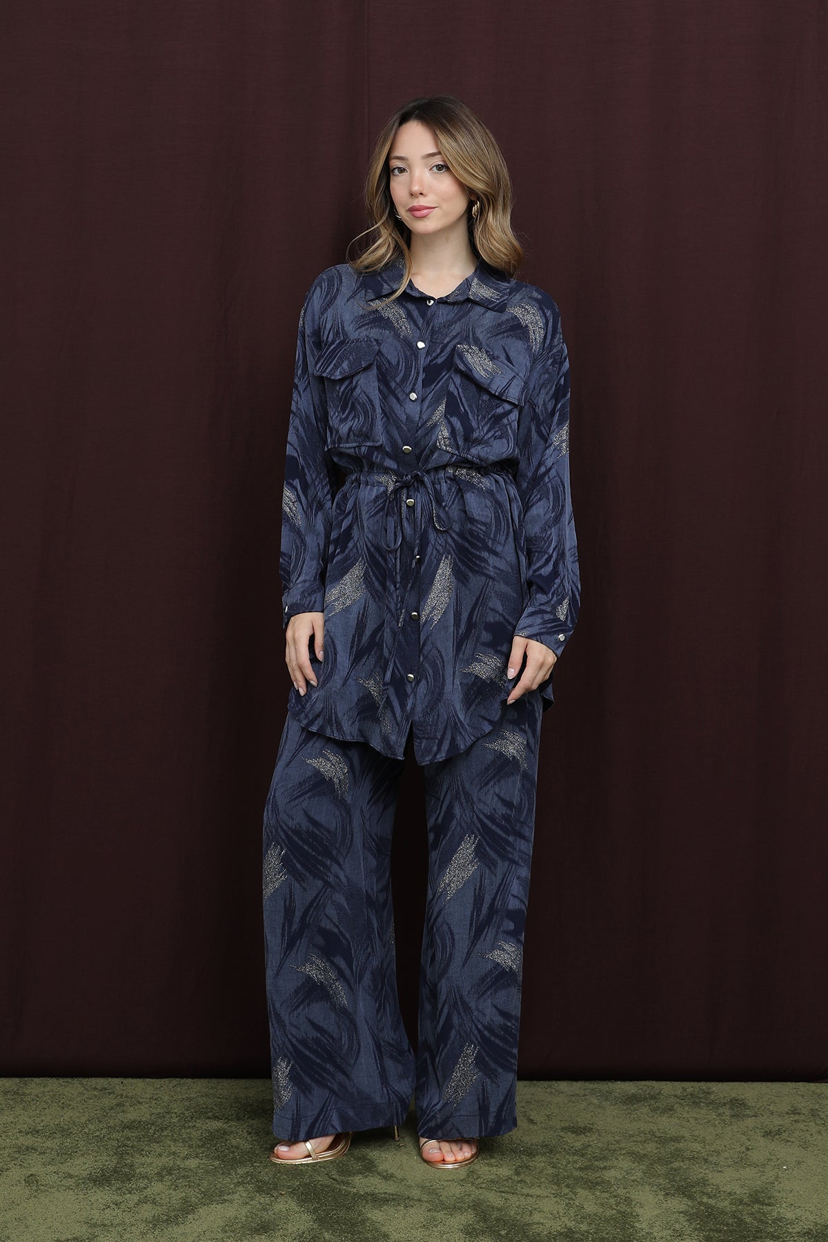 Kadın Cep Detaylı Beli Tünelli Gömlek Takım - 14392TKS