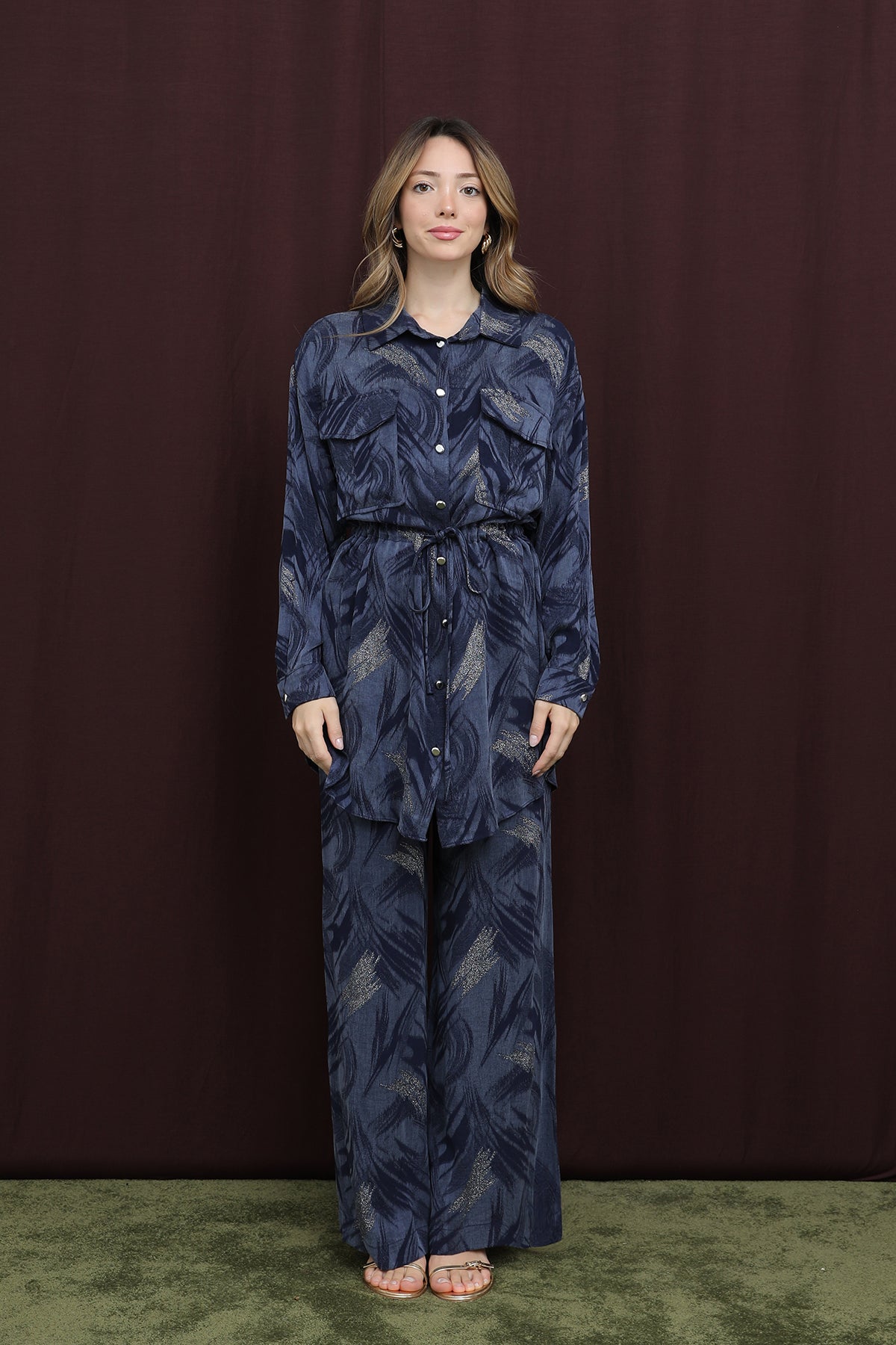 Kadın Cep Detaylı Beli Tünelli Gömlek Takım - 14392TKS