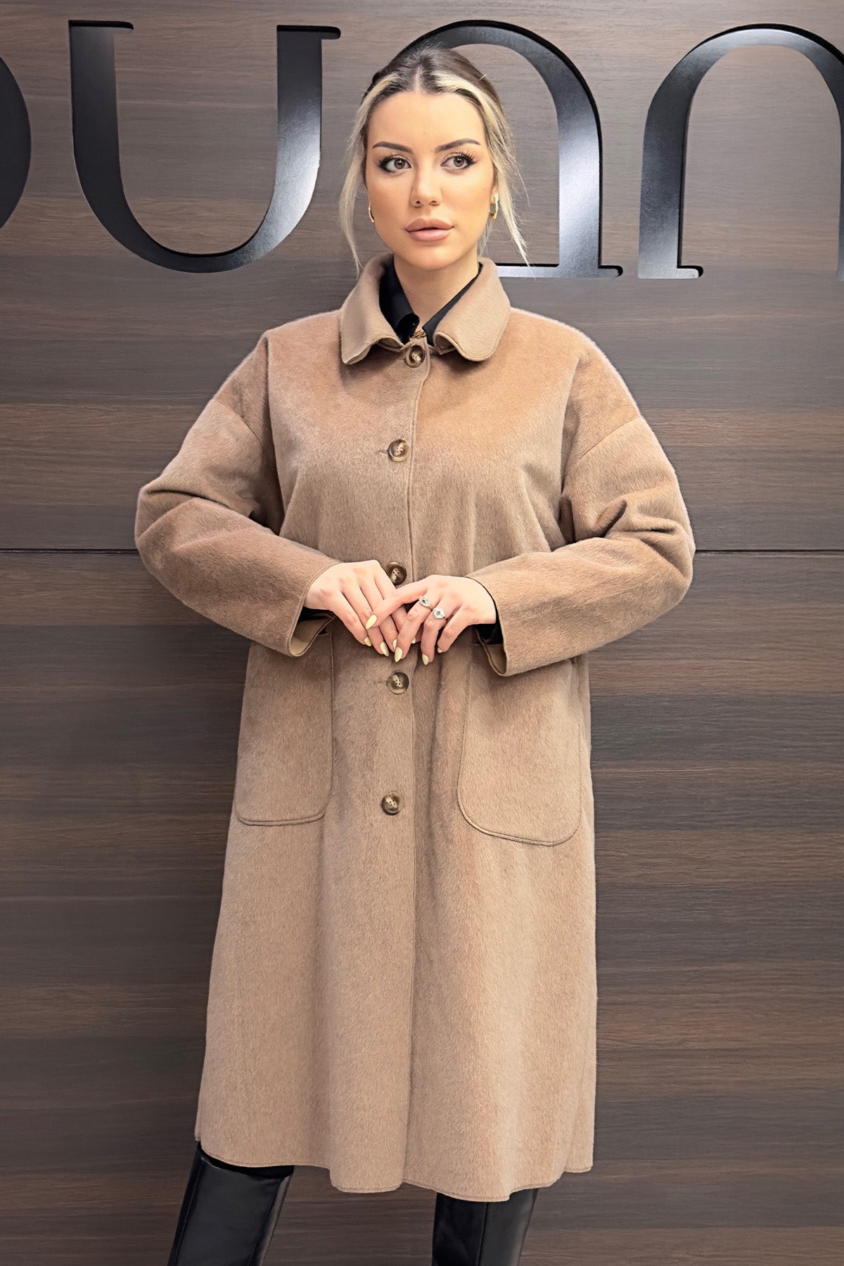 Kadın Düğme ve Cep Detaylı Fox Kaban - 15220KBN