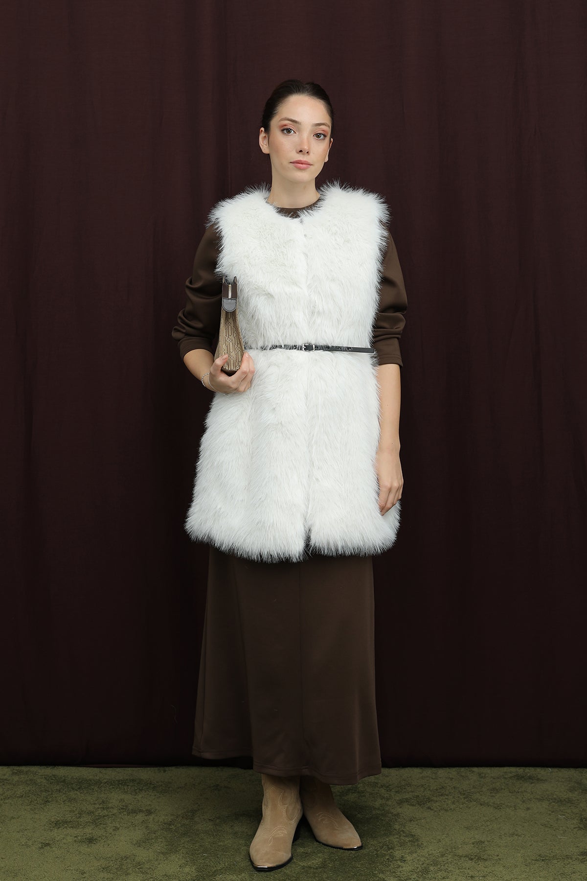 Kadın Kemerli Lolita Kürk Yelek - 15223YLK