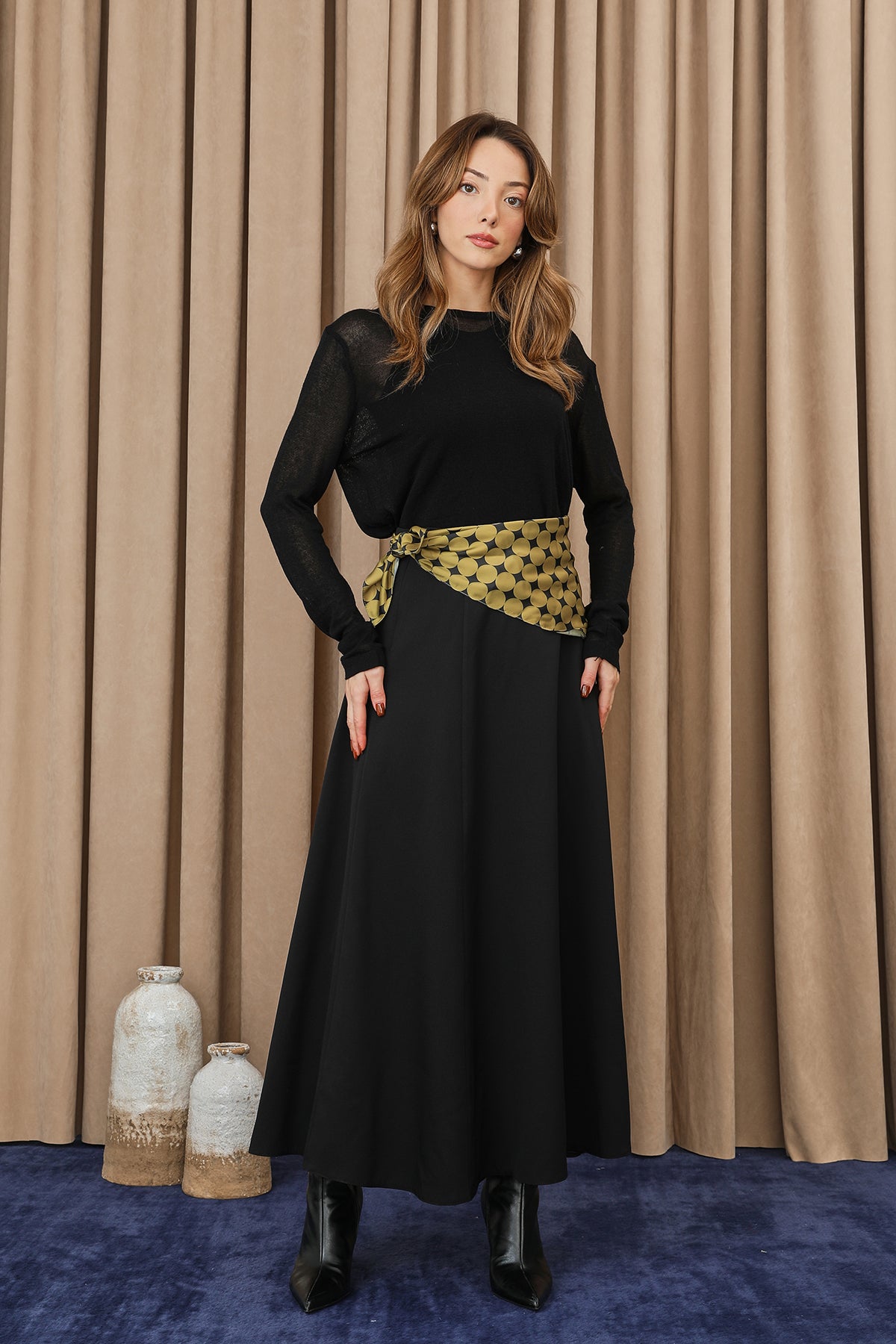 Kadın Puantiye Fularlı Açılımlı Dokuma Etek - 18272ETK