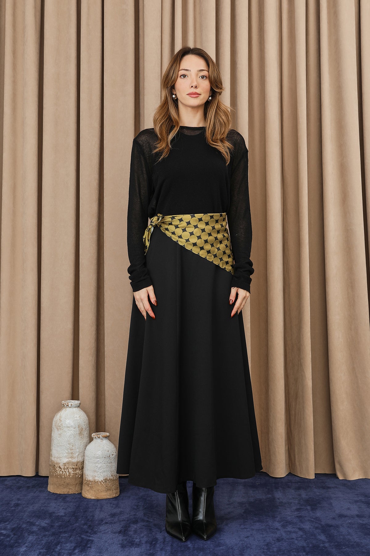 Kadın Puantiye Fularlı Açılımlı Dokuma Etek - 18272ETK