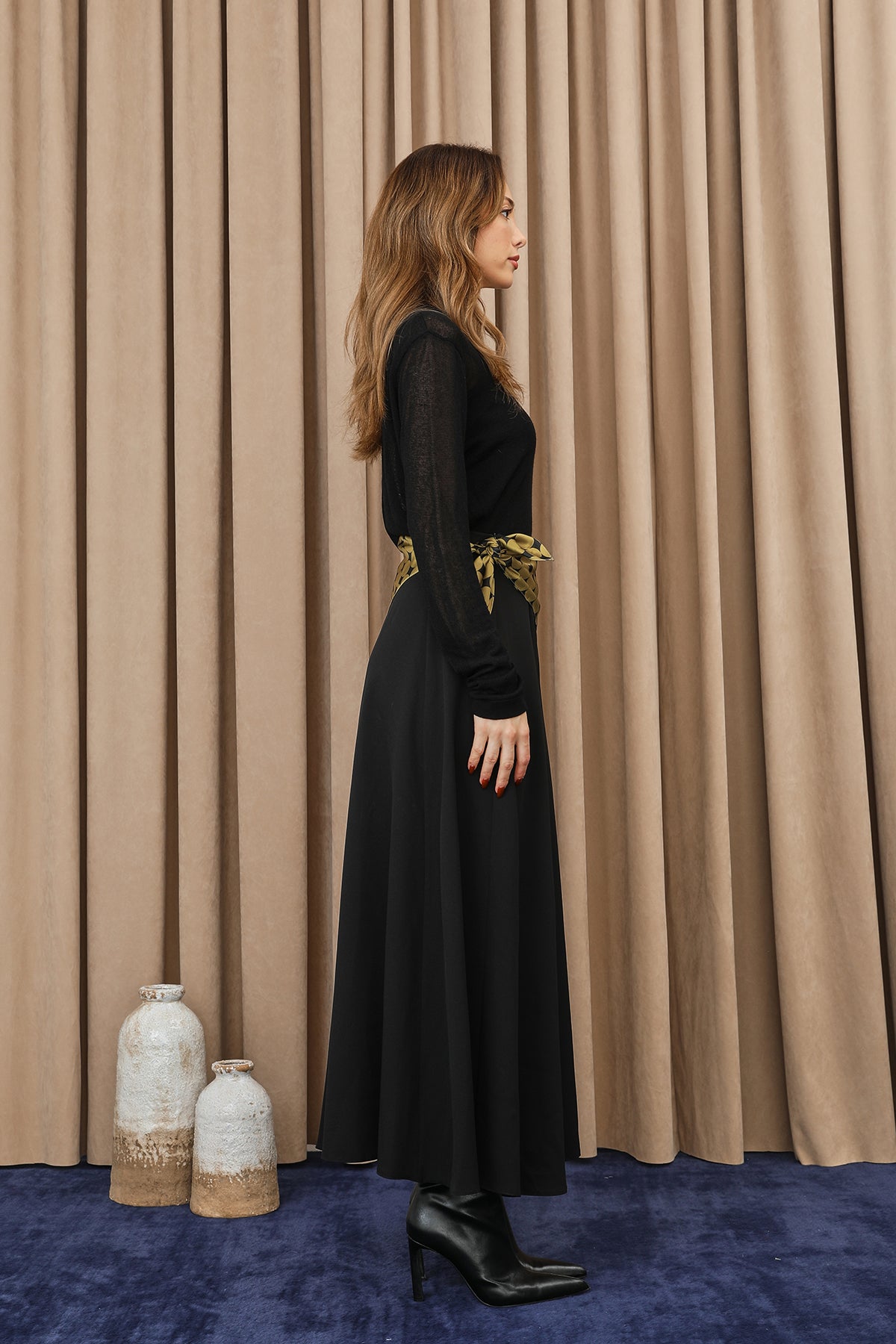 Kadın Puantiye Fularlı Açılımlı Dokuma Etek - 18272ETK