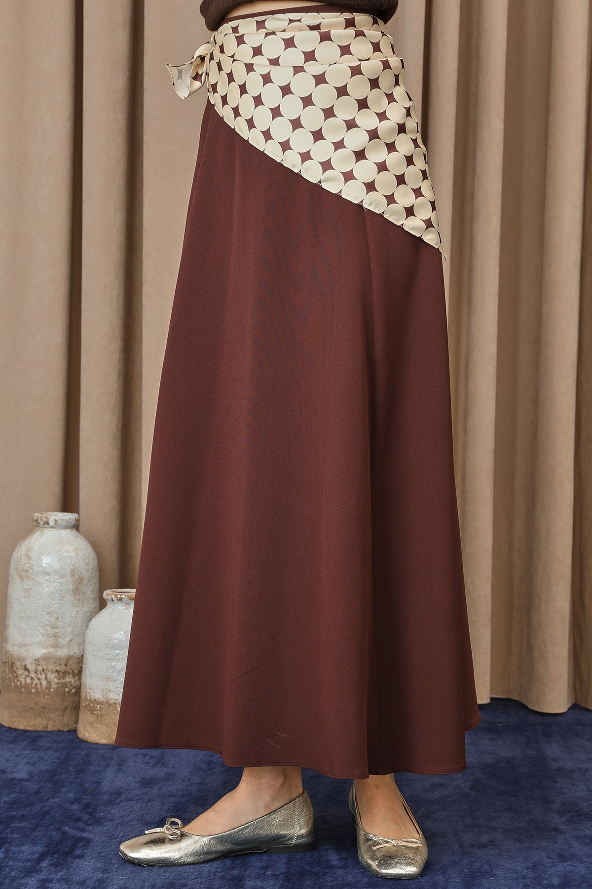 Kadın Puantiye Fularlı Açılımlı Dokuma Etek - 18272ETK