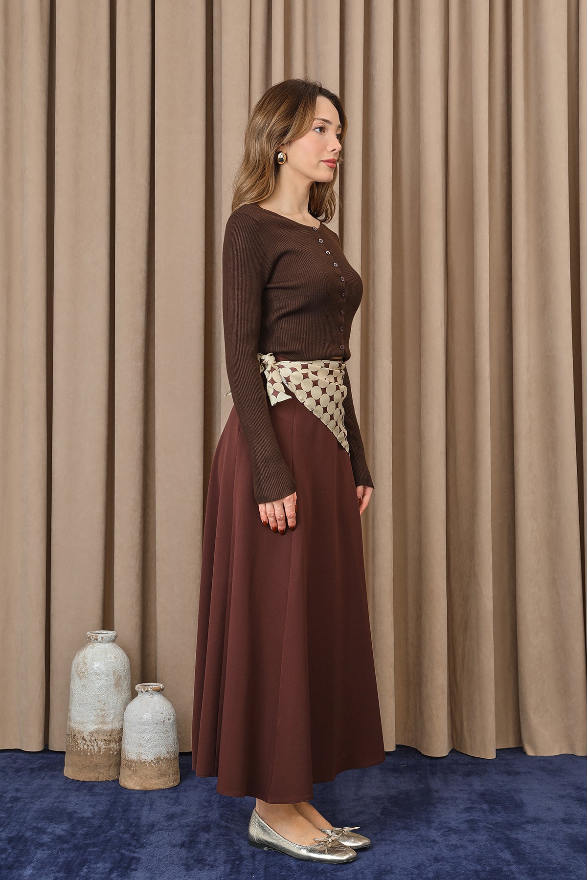 Kadın Puantiye Fularlı Açılımlı Dokuma Etek - 18272ETK