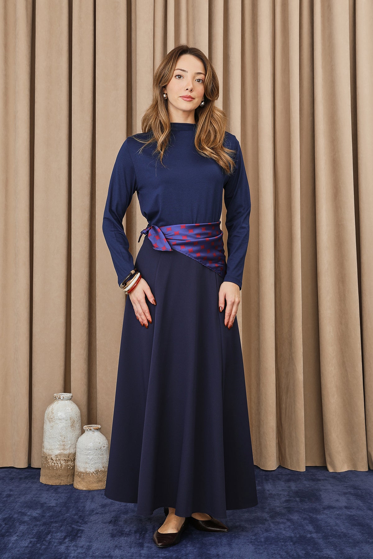 Kadın Puantiye Fularlı Açılımlı Dokuma Etek - 18272ETK