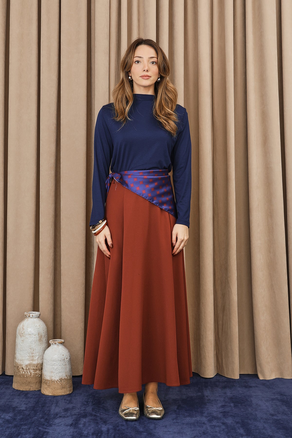 Kadın Puantiye Fularlı Açılımlı Dokuma Etek - 18272ETK