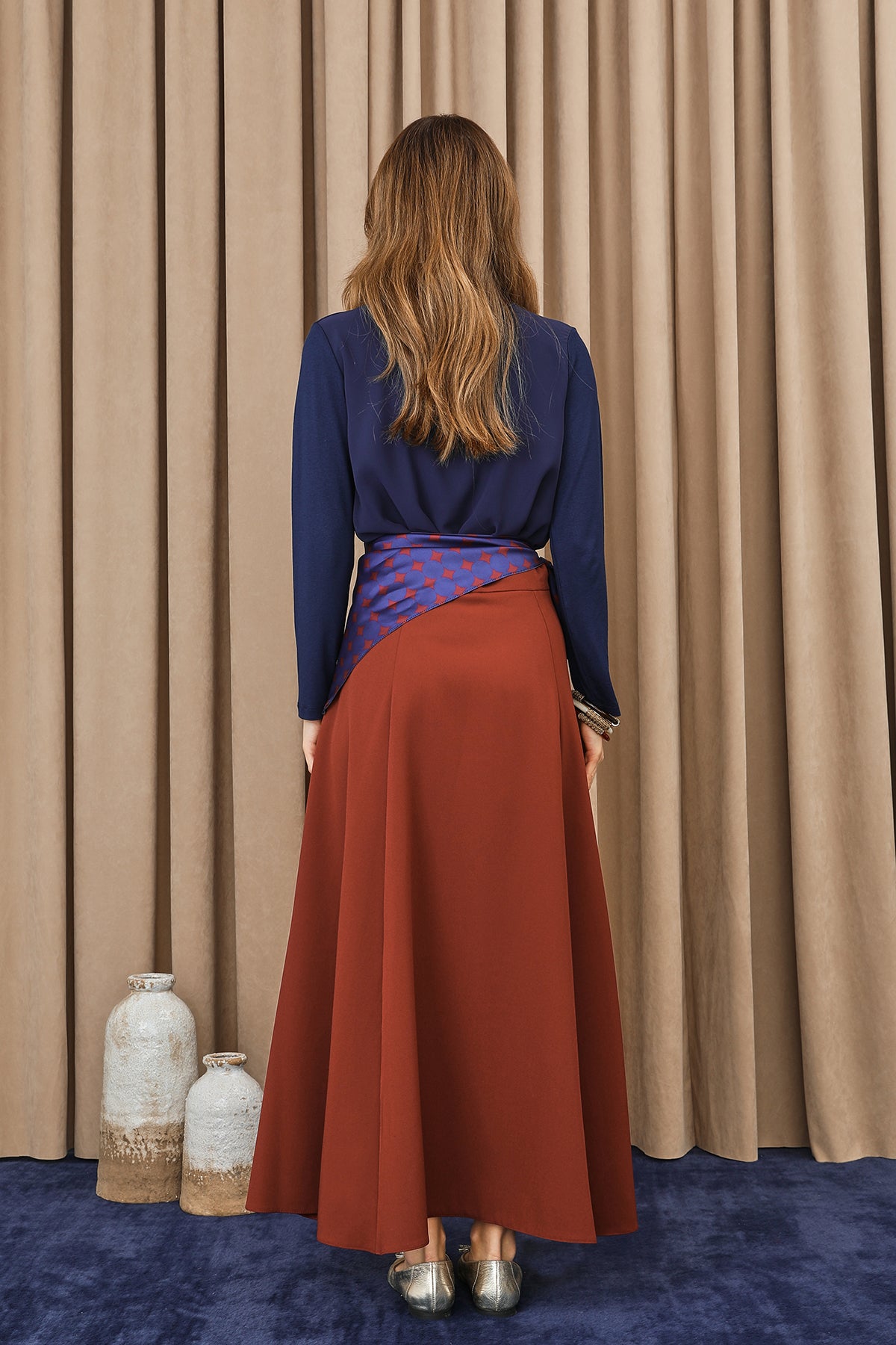 Kadın Puantiye Fularlı Açılımlı Dokuma Etek - 18272ETK