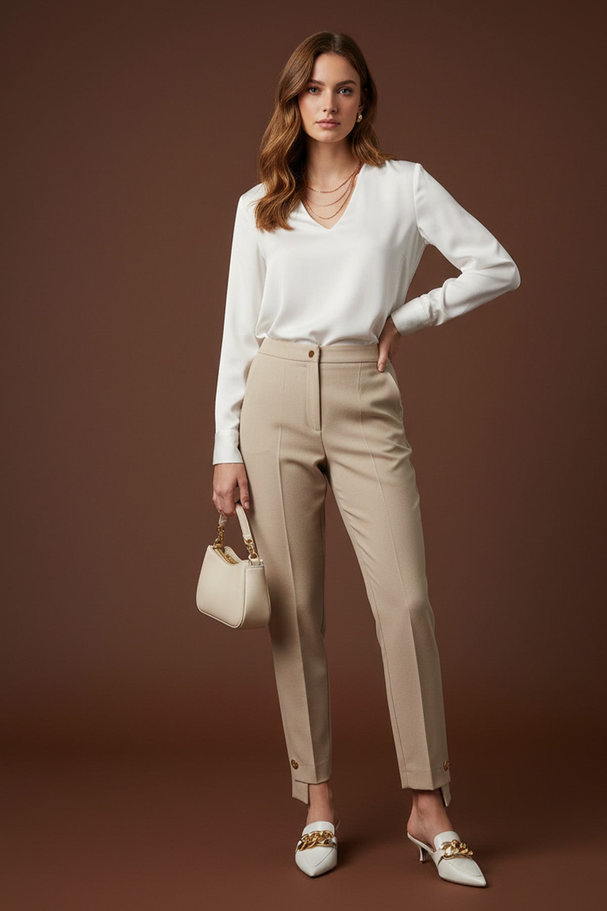 Kadın Paça Düğme Detaylı kumaş Pantolon -18277PNT