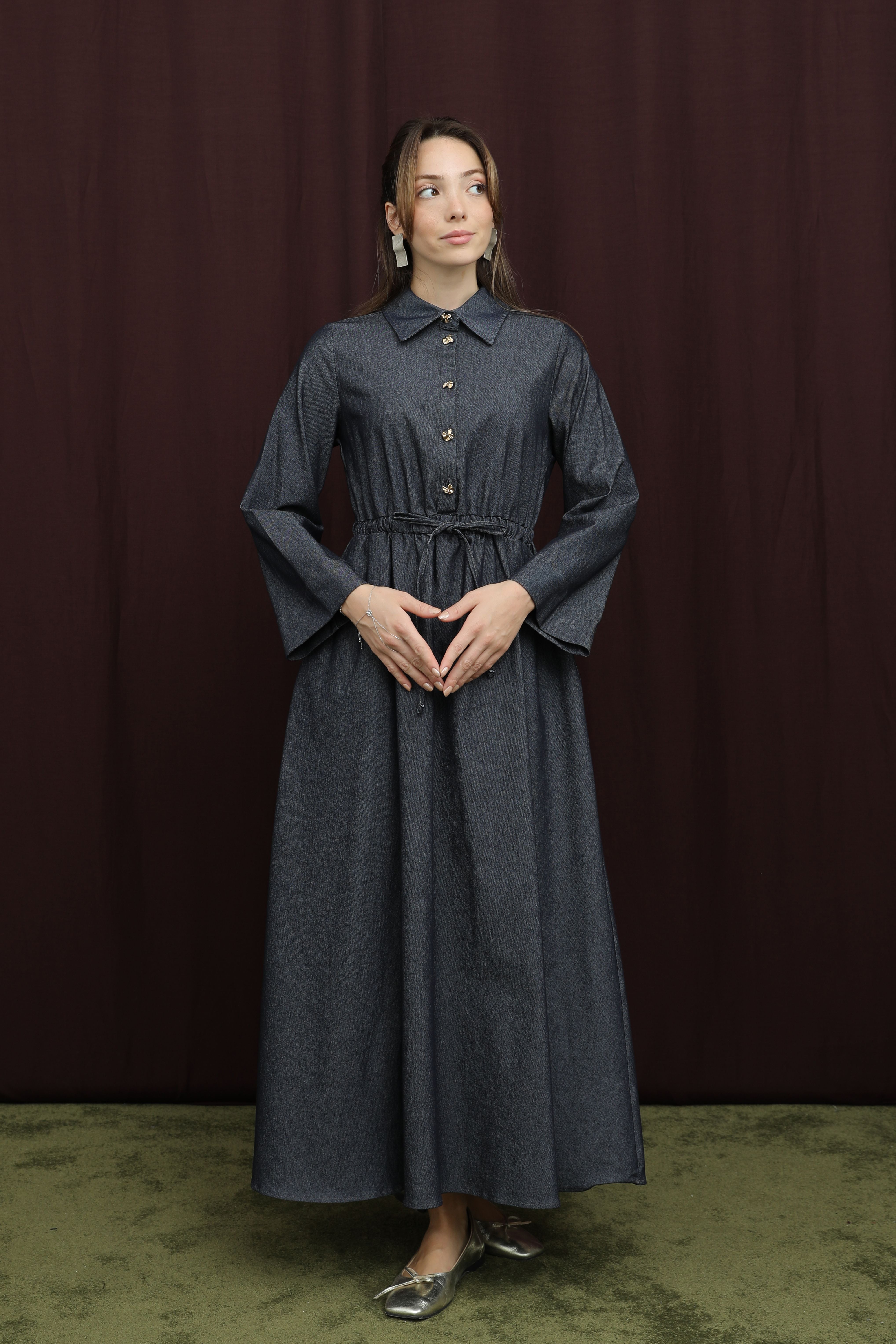 Kadın Yakası Pile Detaylı Kuşaklı Elbise - 20703ELB