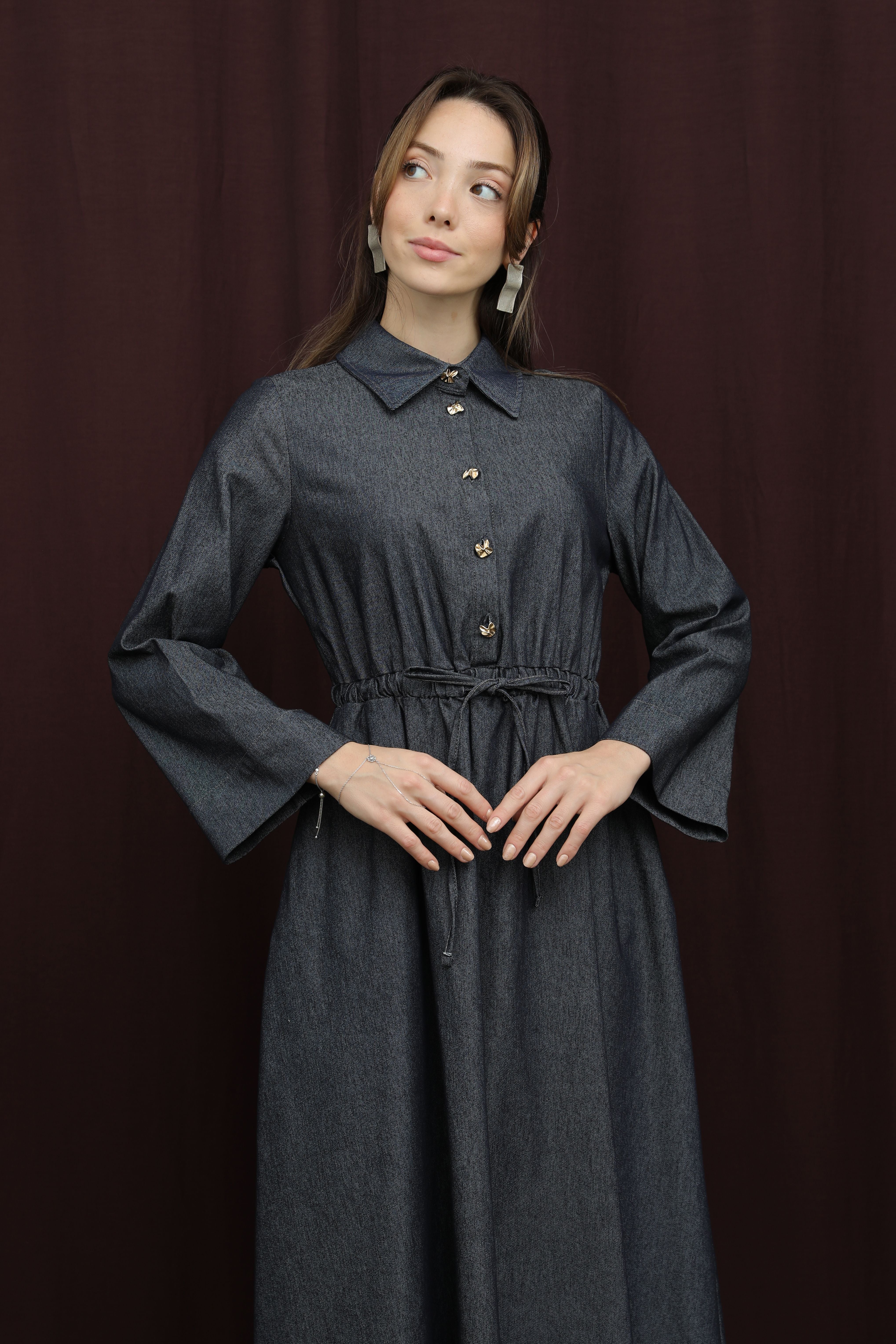 Kadın Yakası Pile Detaylı Kuşaklı Elbise - 20703ELB