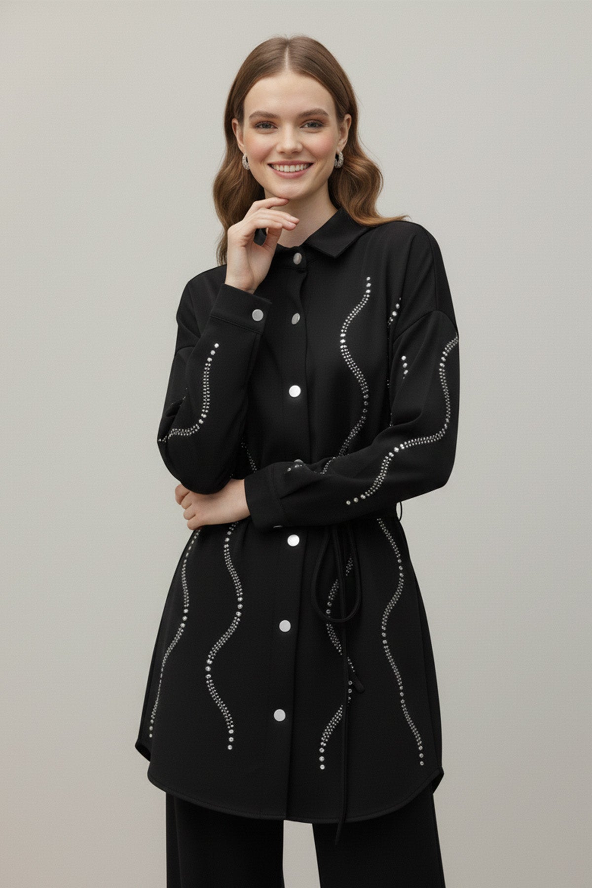 Kadın Taş Detaylı Scuba Gömlek - 20704GML