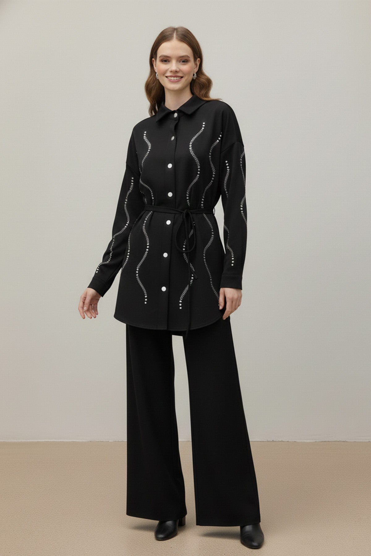 Kadın Taş Detaylı Scuba Gömlek - 20704GML