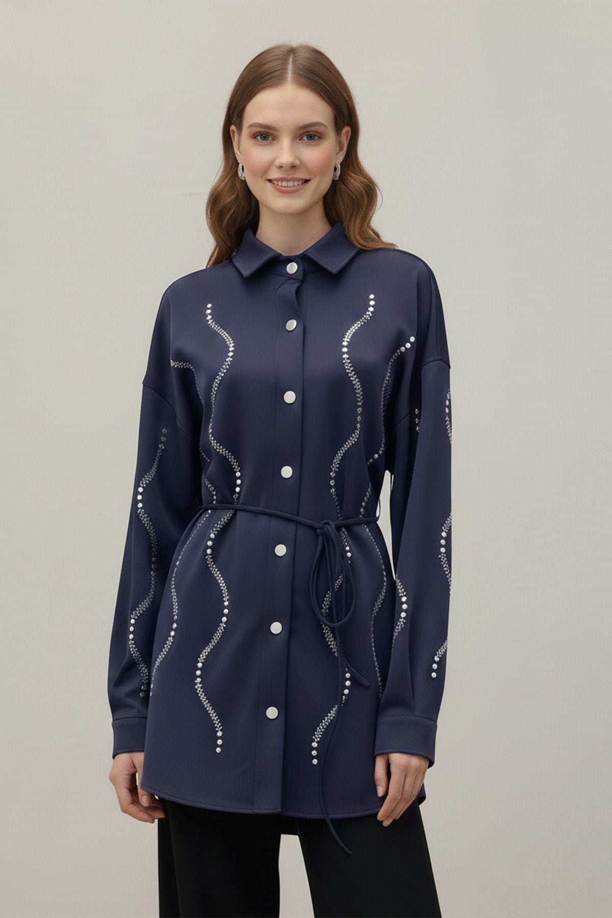 Kadın Taş Detaylı Scuba Gömlek - 20704GML