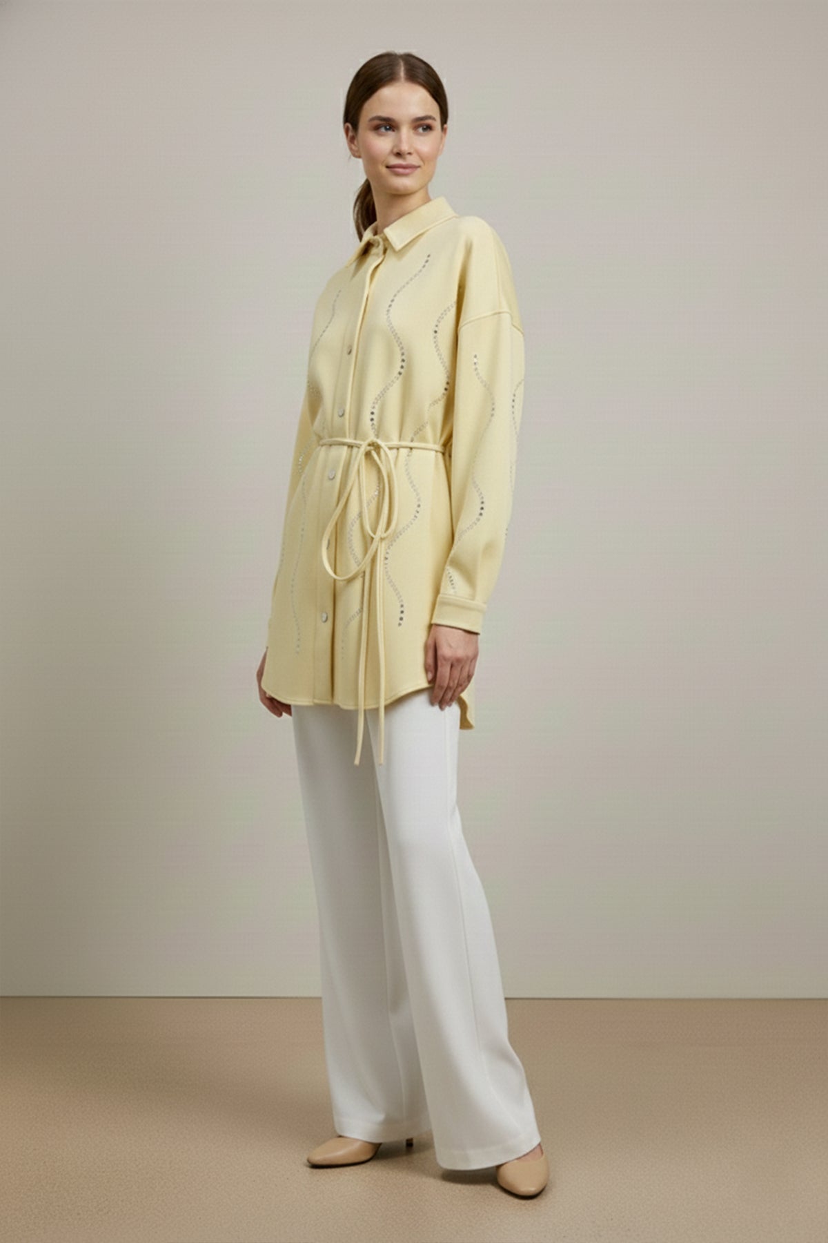 Kadın Taş Detaylı Scuba Gömlek - 20704GML