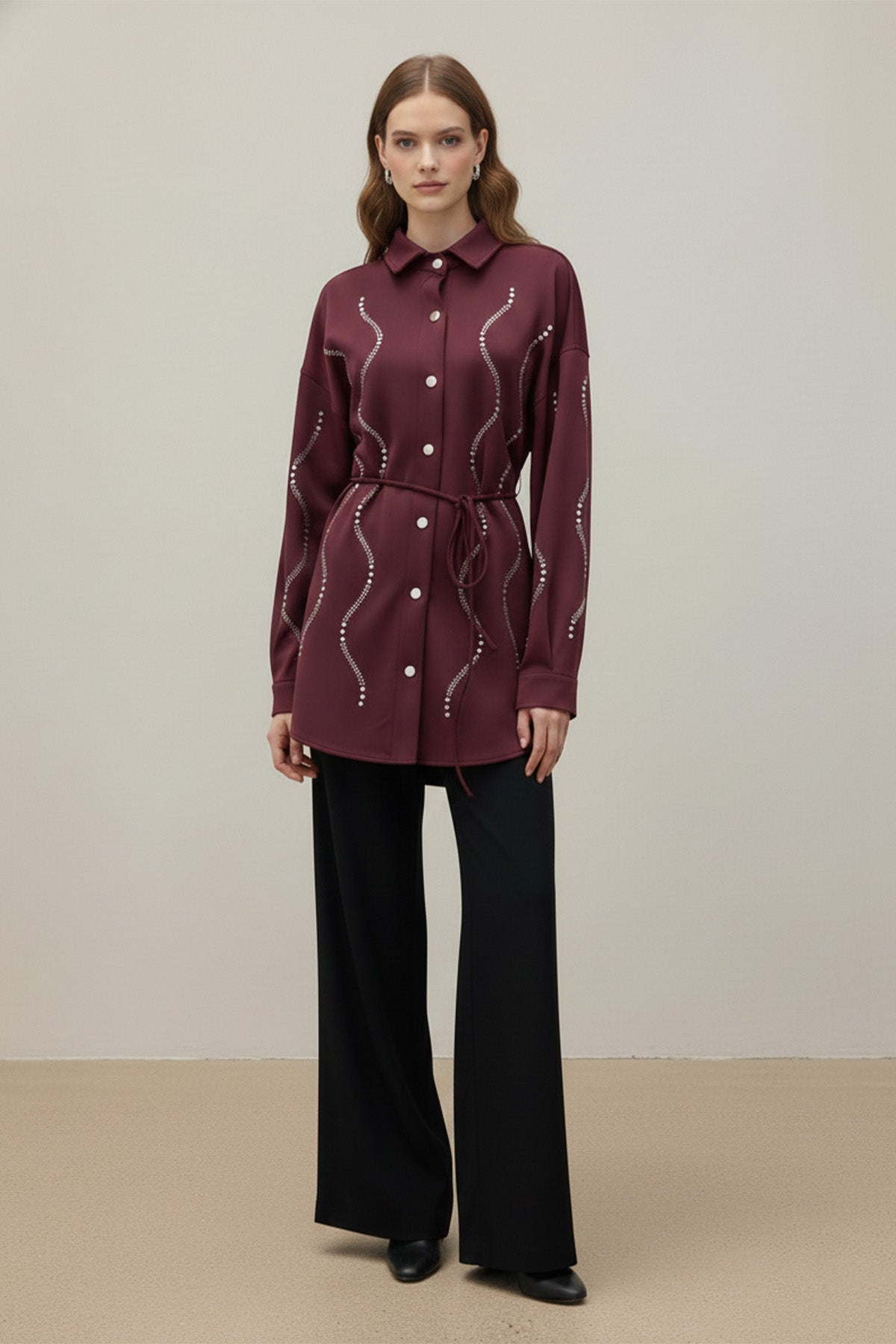 Kadın Taş Detaylı Scuba Gömlek - 20704GML