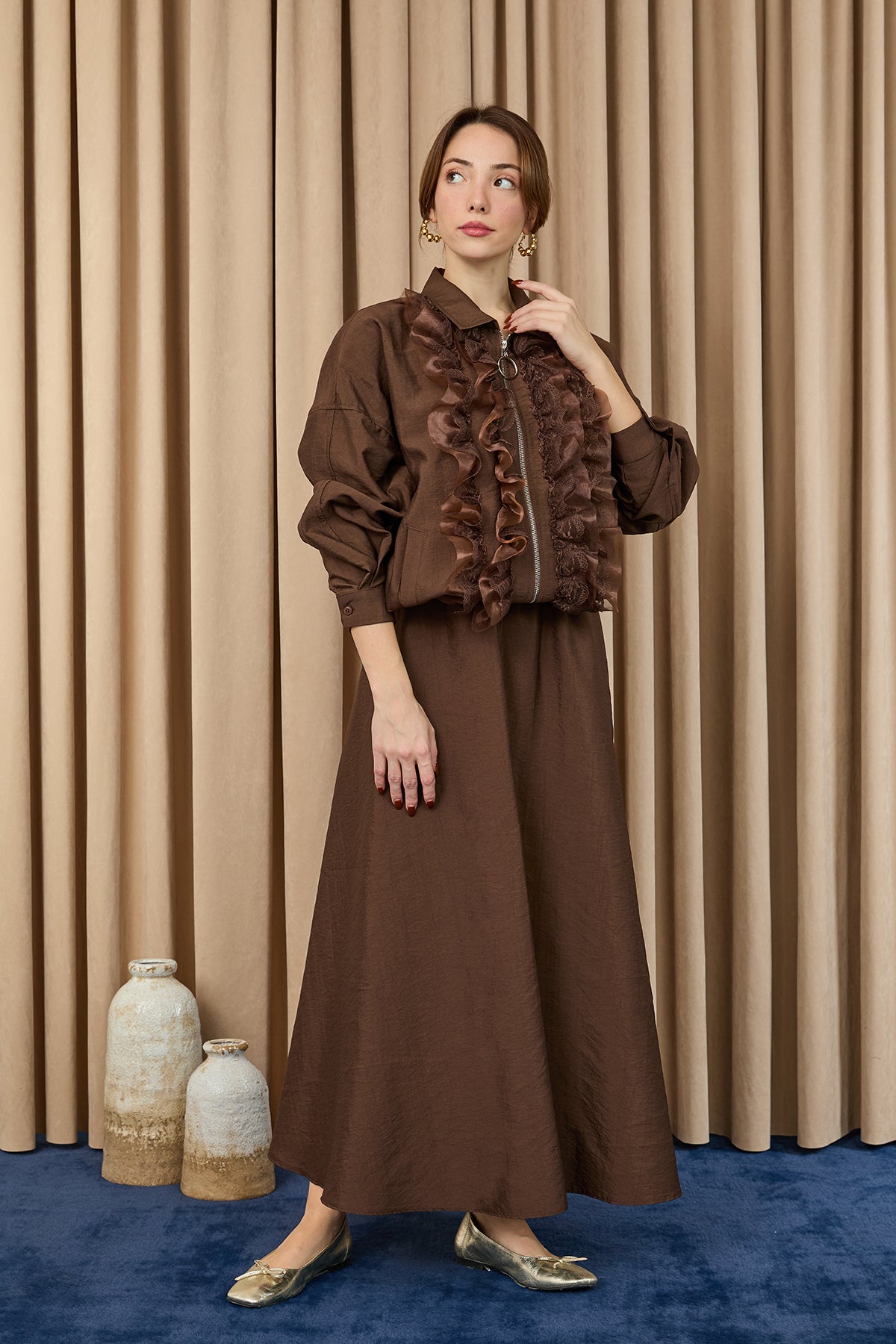 Kadın Fırfır ve Dantel Detaylı Fermuarlı Ceket Takım - 20707TKM