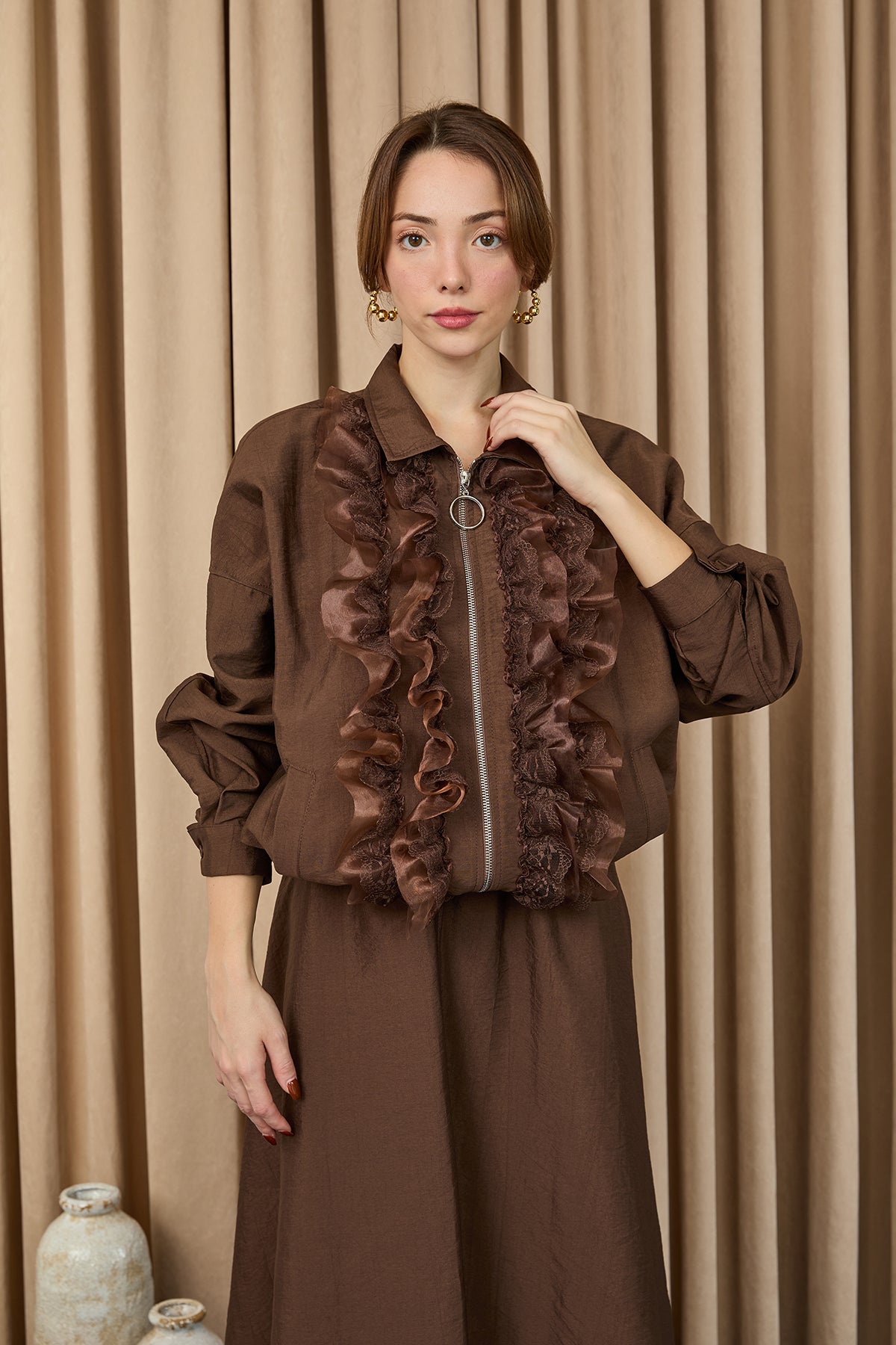 Kadın Fırfır ve Dantel Detaylı Fermuarlı Ceket Takım - 20707TKM