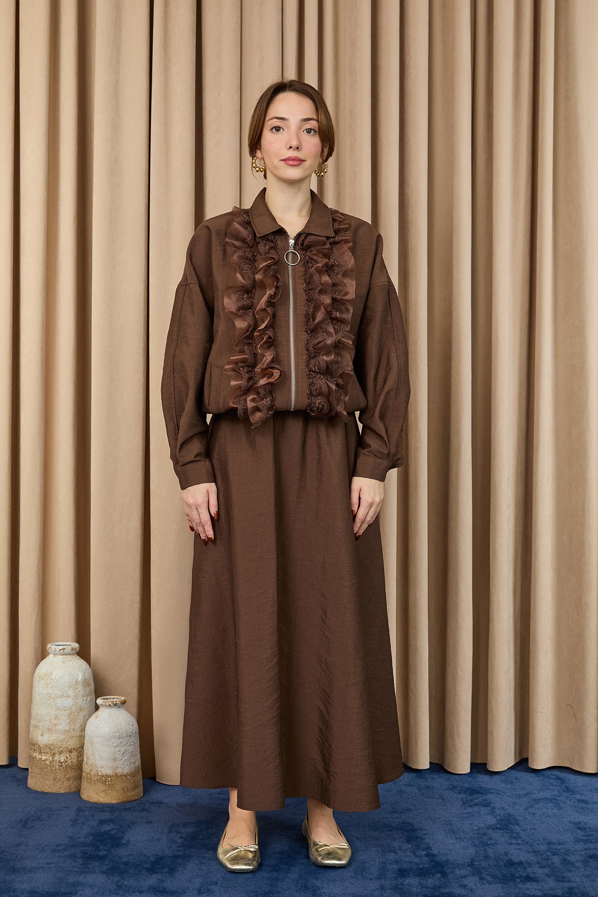 Kadın Fırfır ve Dantel Detaylı Fermuarlı Ceket Takım - 20707TKM