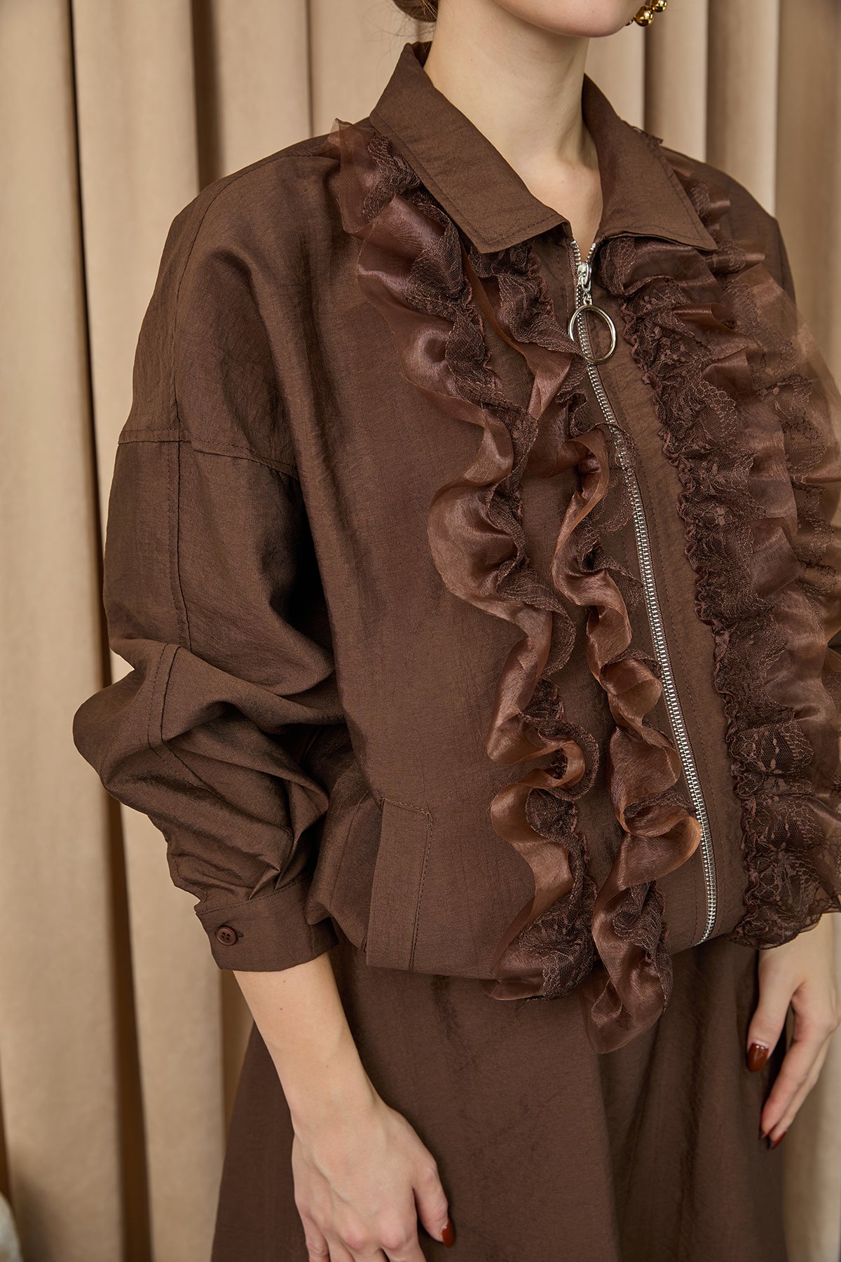 Kadın Fırfır ve Dantel Detaylı Fermuarlı Ceket Takım - 20707TKM