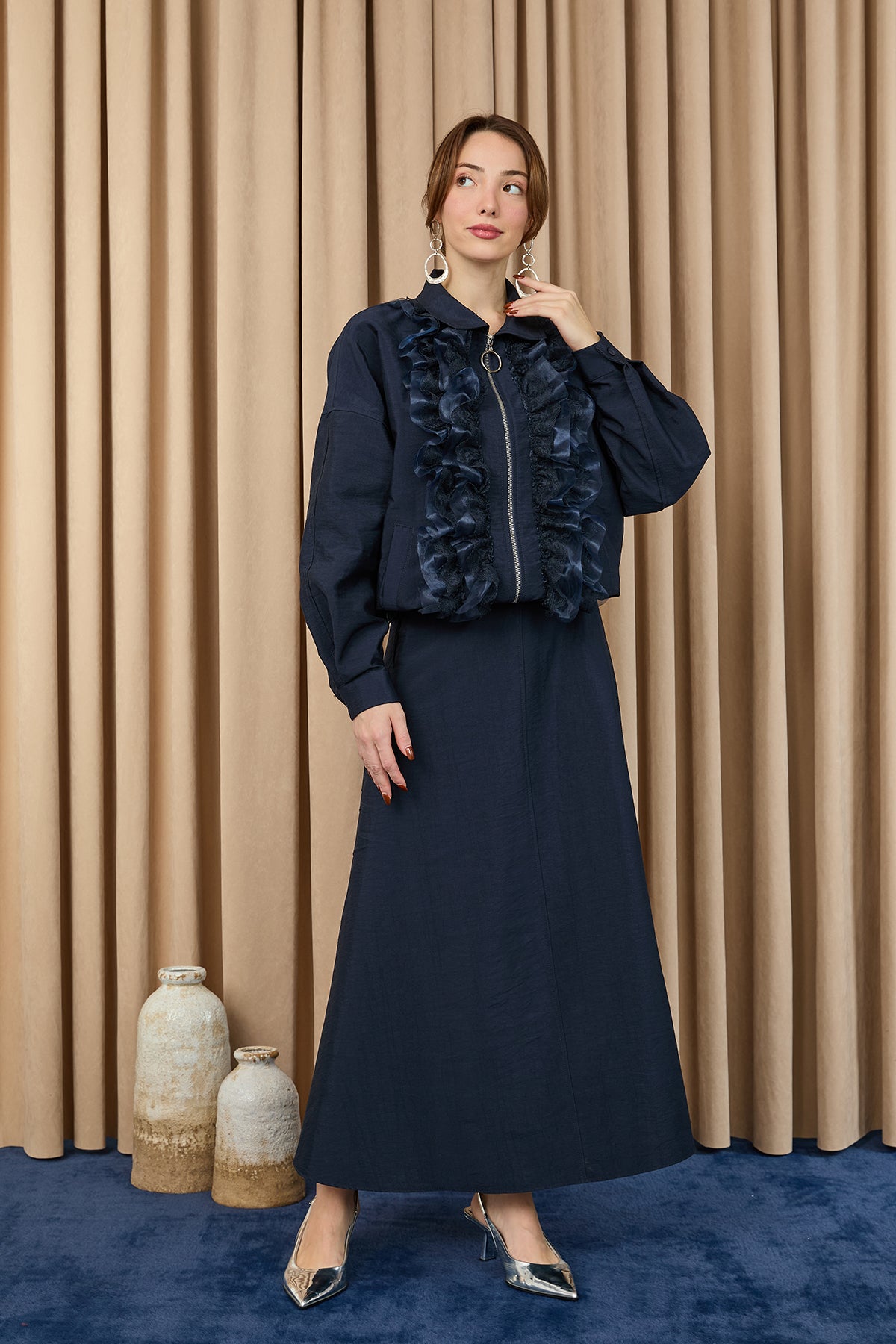 Kadın Fırfır ve Dantel Detaylı Fermuarlı Ceket Takım - 20707TKM