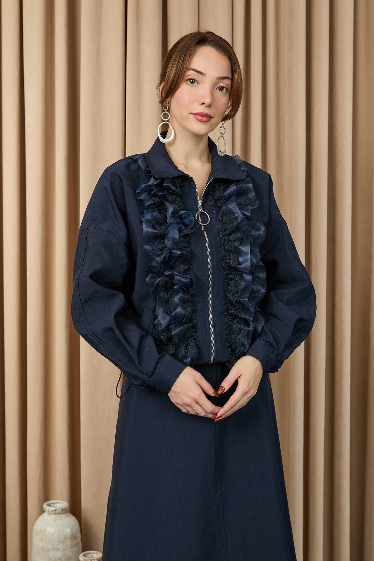 Kadın Fırfır ve Dantel Detaylı Fermuarlı Ceket Takım - 20707TKM