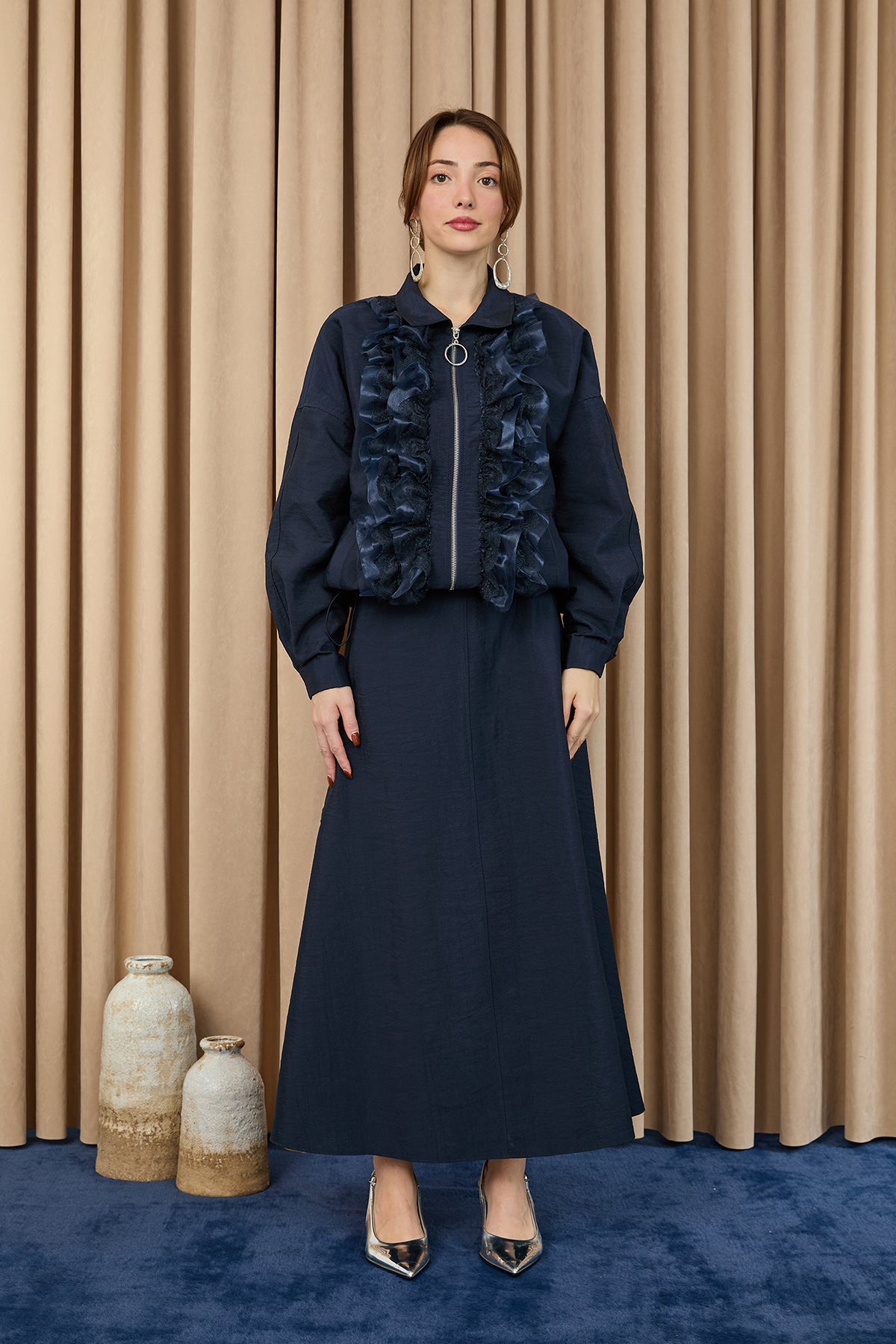 Kadın Fırfır ve Dantel Detaylı Fermuarlı Ceket Takım - 20707TKM