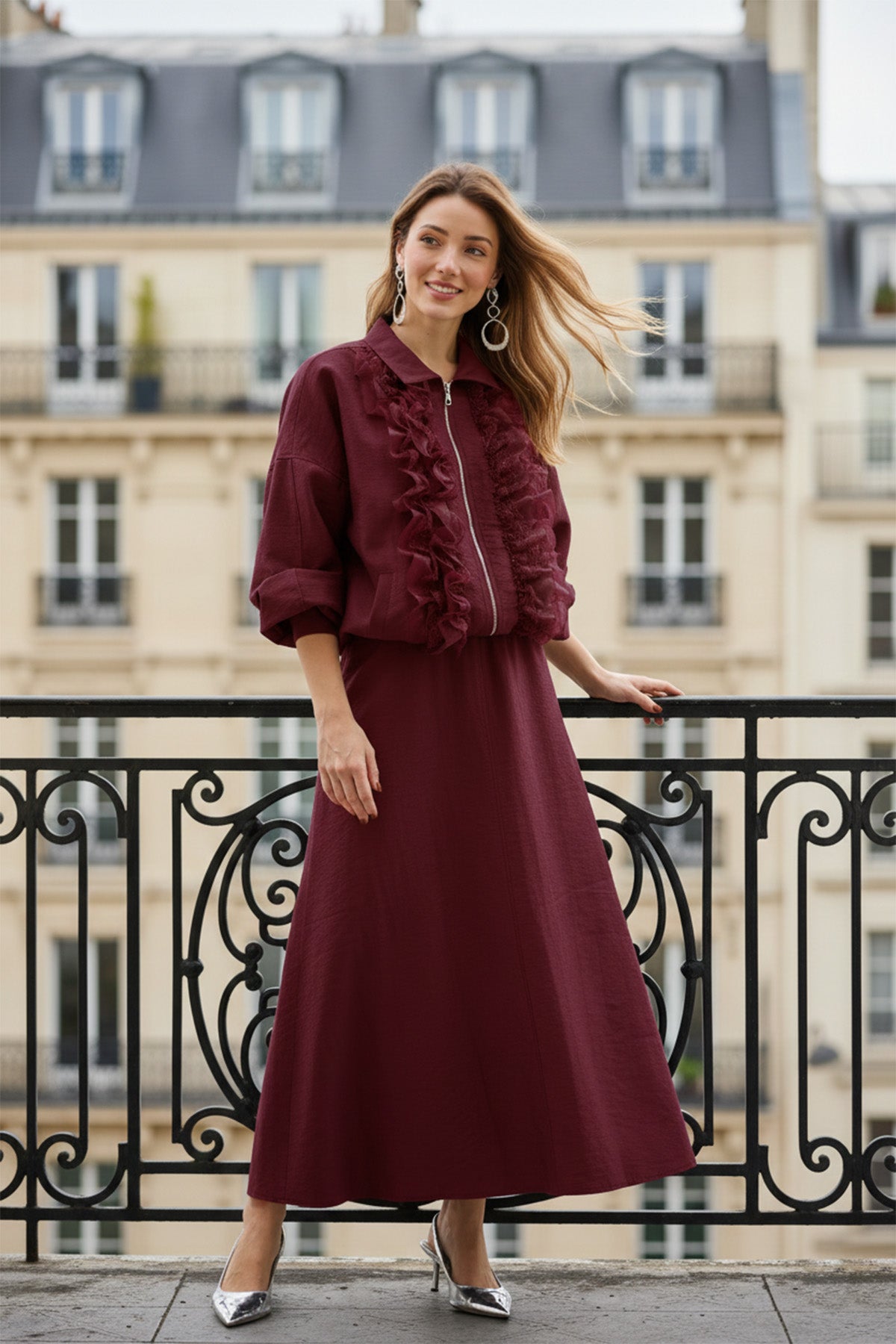 Kadın Fırfır ve Dantel Detaylı Fermuarlı Ceket Takım - 20707TKM