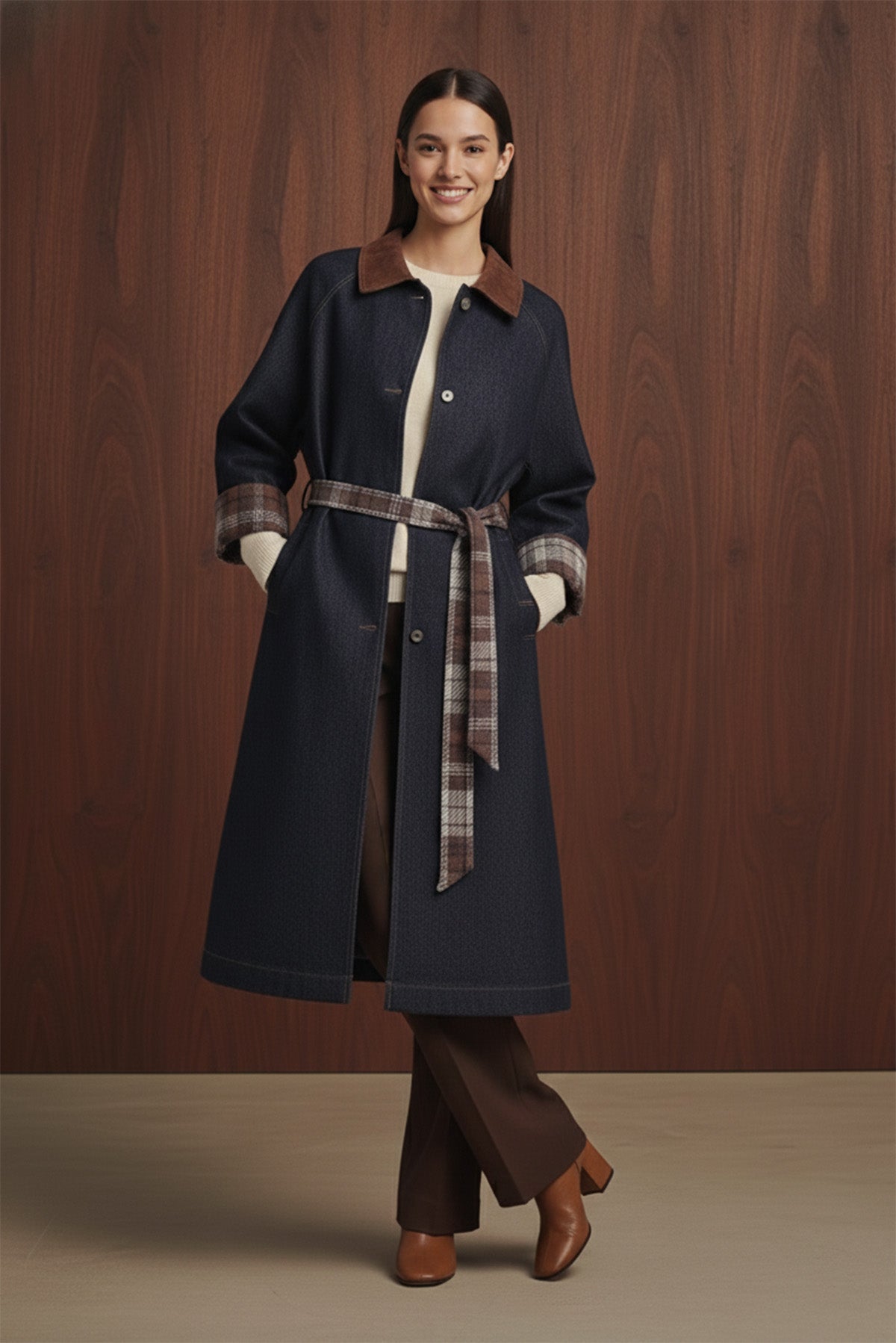 Kadın Ekose Detaylı Denim Trench - 32392TRC