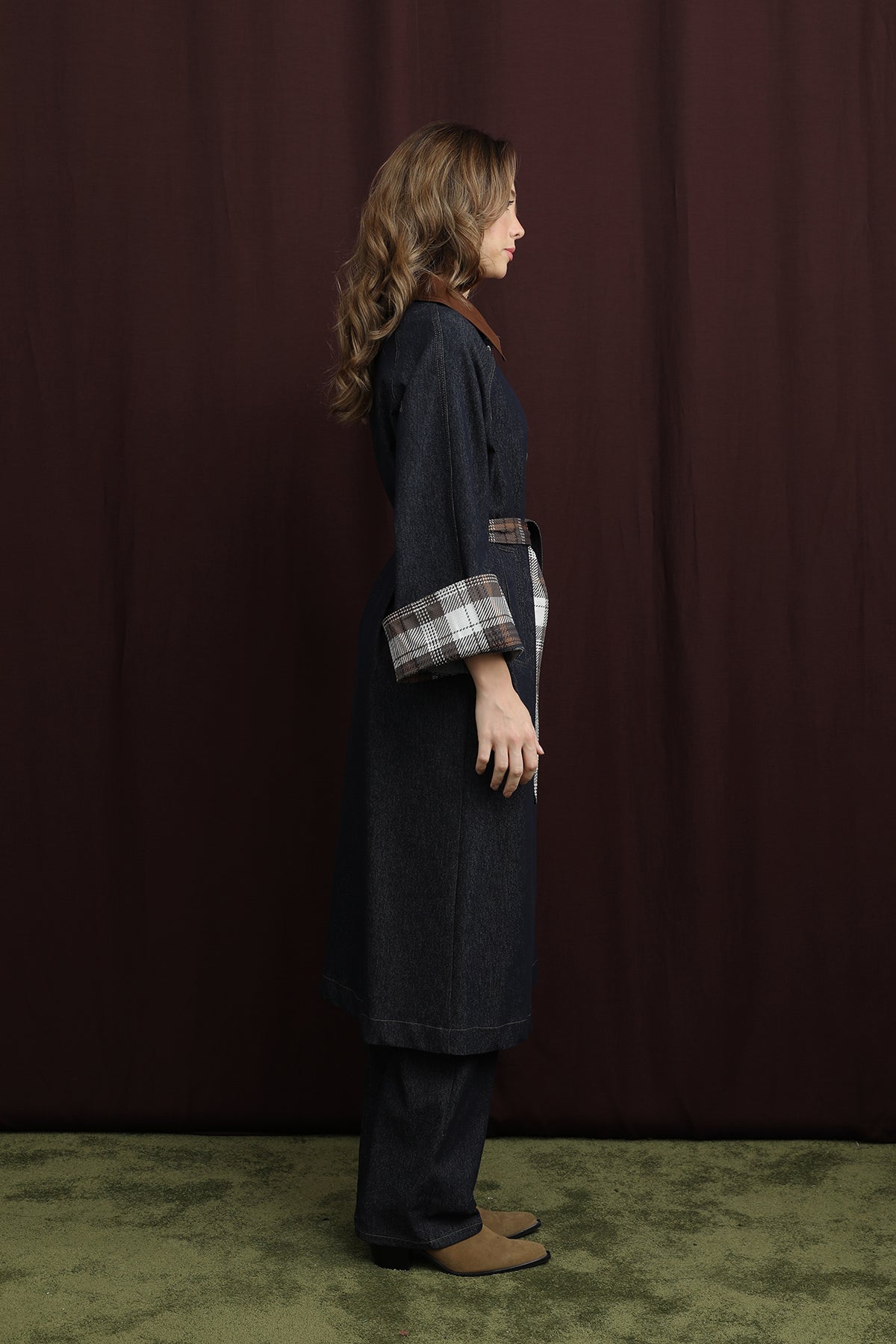 Kadın Ekose Detaylı Denim Trench - 32392TRC