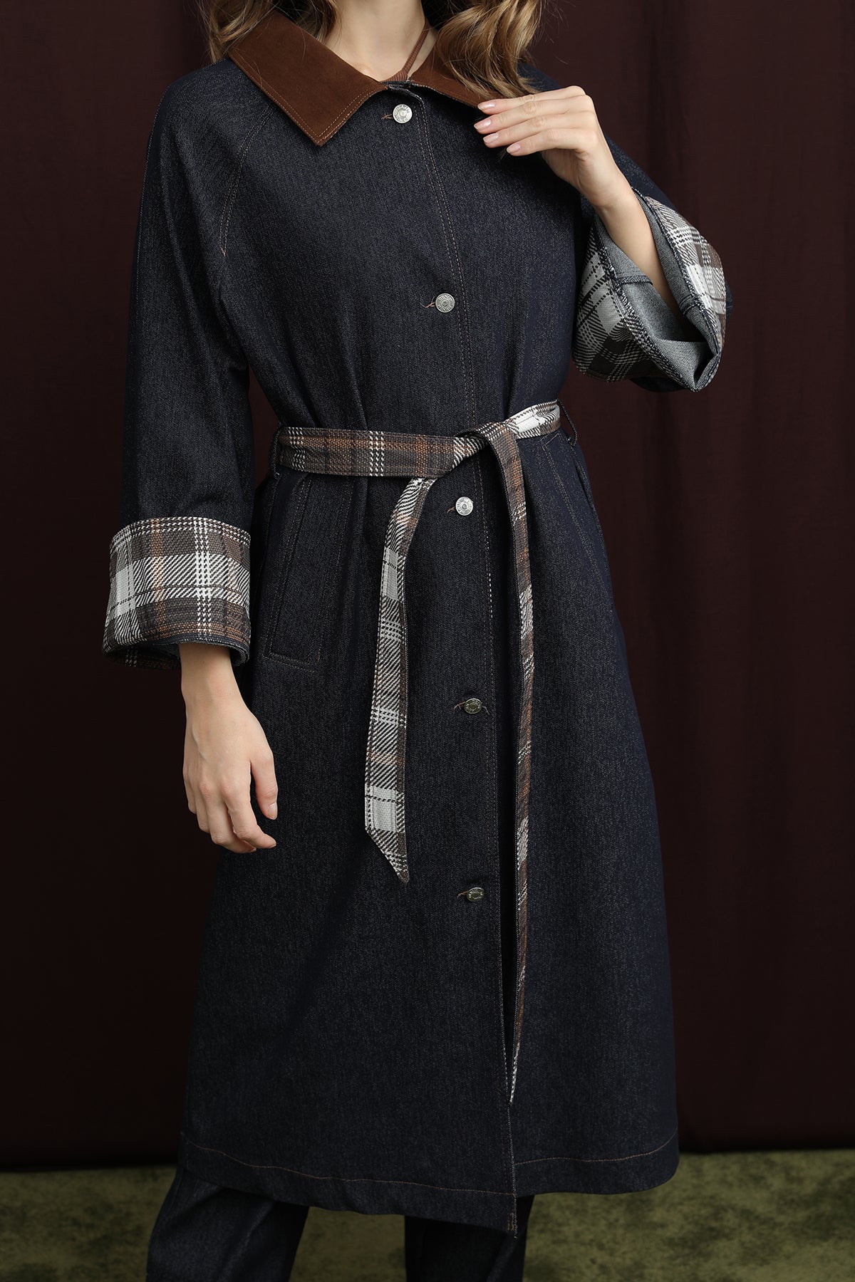 Kadın Ekose Detaylı Denim Trench - 32392TRC