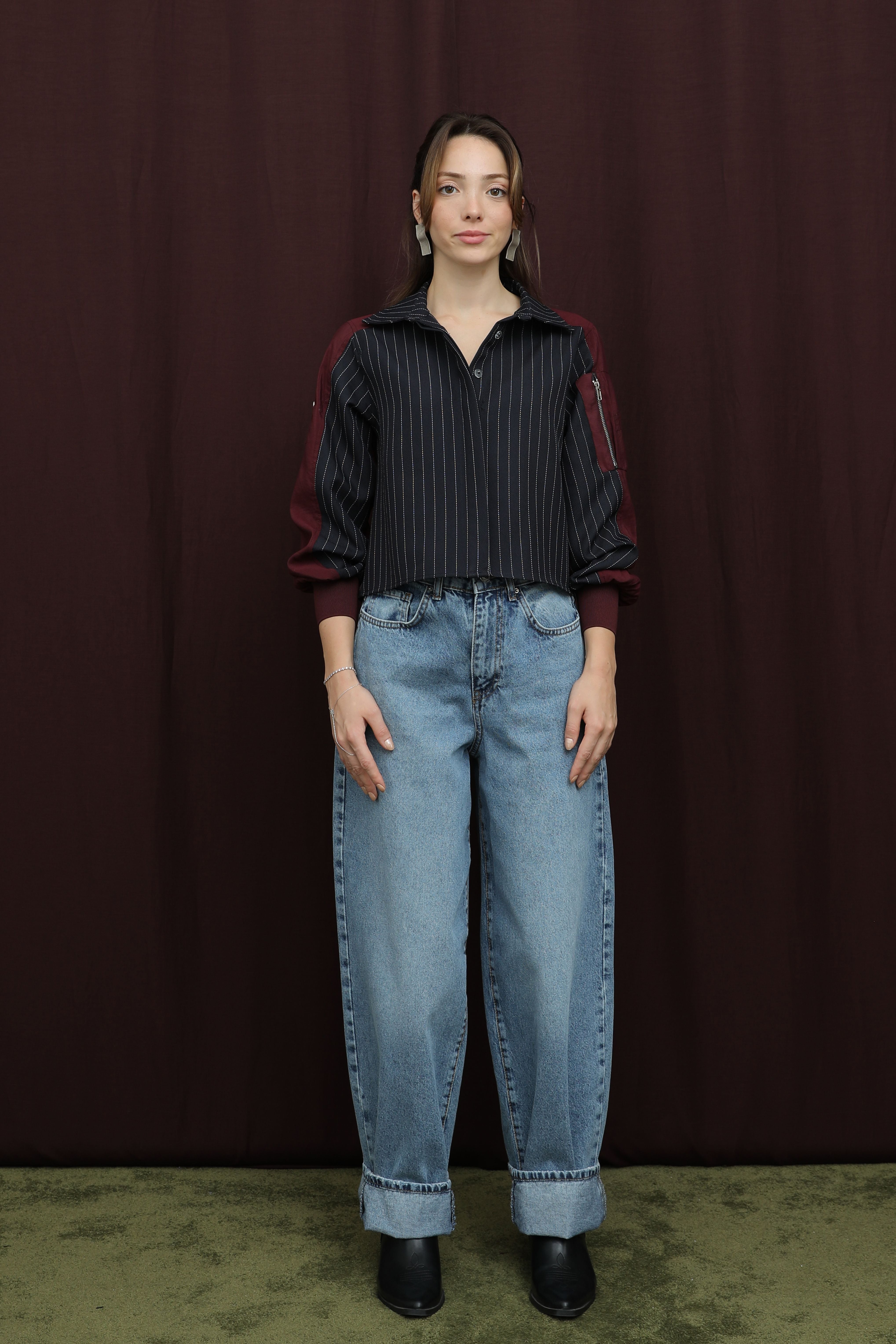 Kadın Paraşüt Kol Detaylı Crop Gömlek - 32398GML