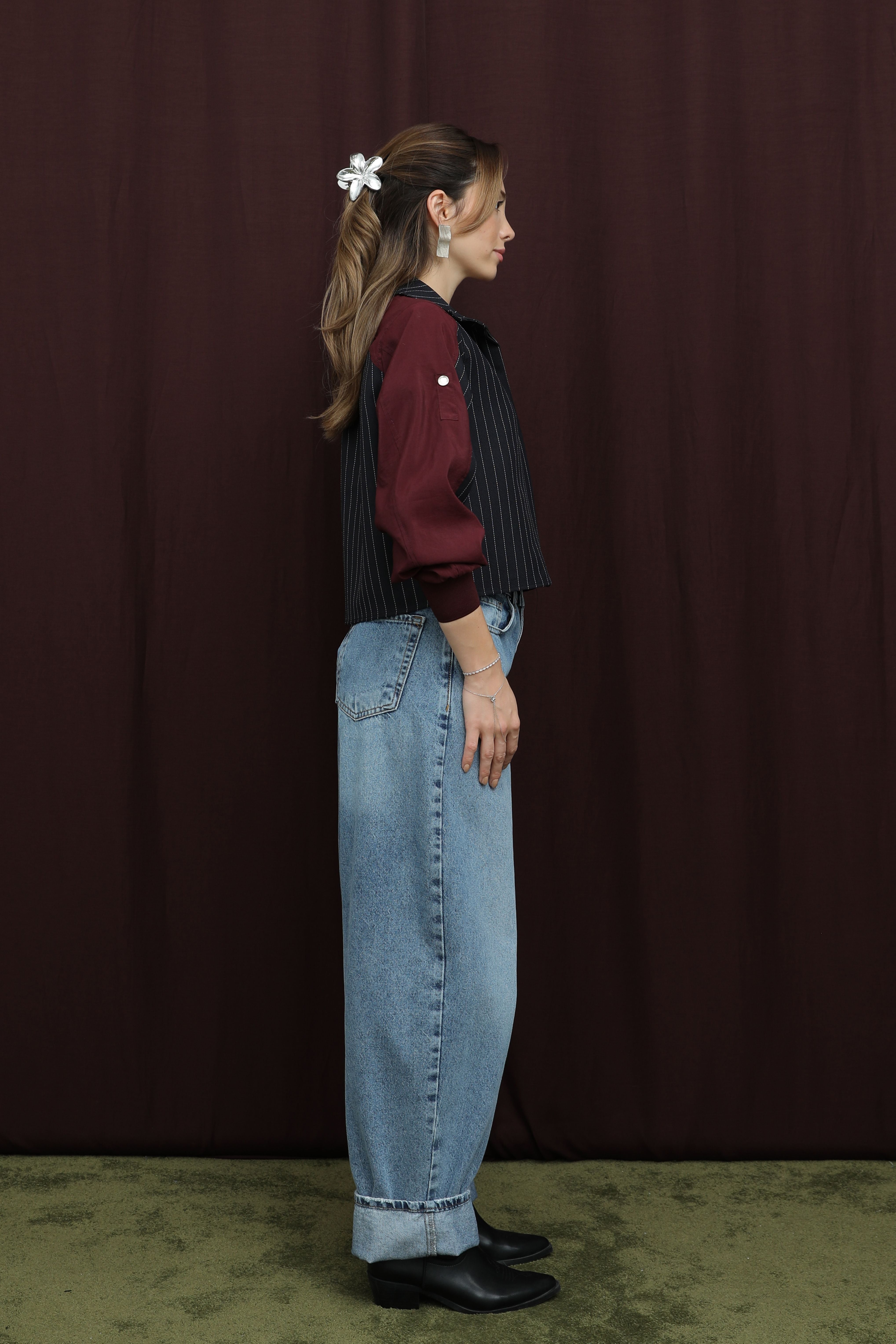 Kadın Paraşüt Kol Detaylı Crop Gömlek - 32398GML