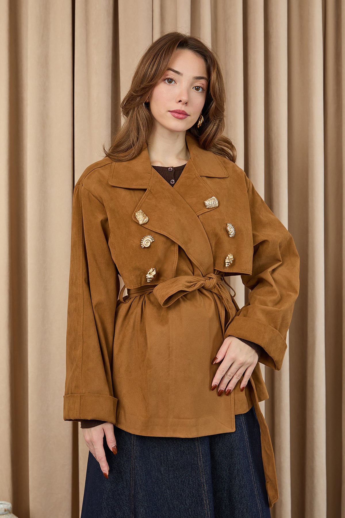 Kadın Broş Detaylı Kısa Trench - 32405