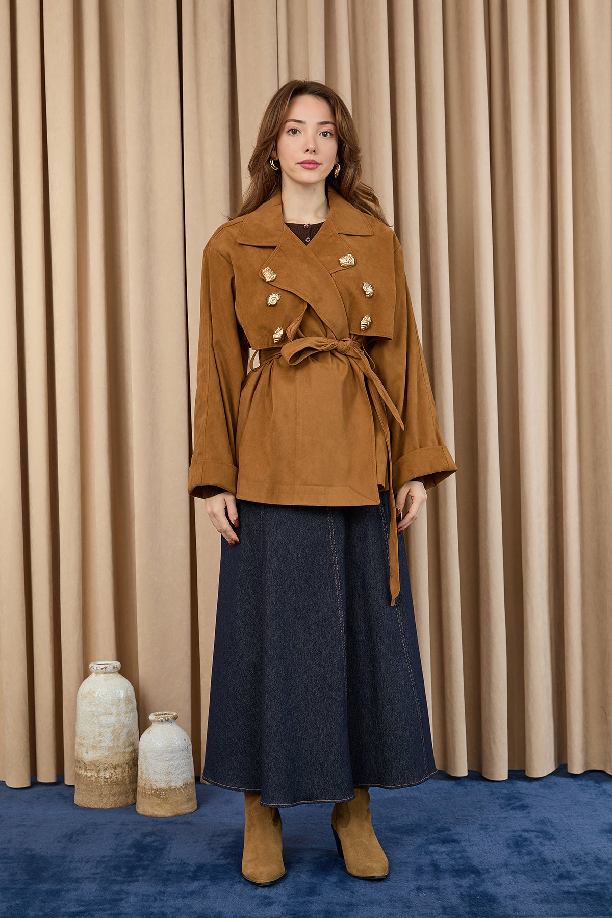 Kadın Broş Detaylı Kısa Trench - 32405