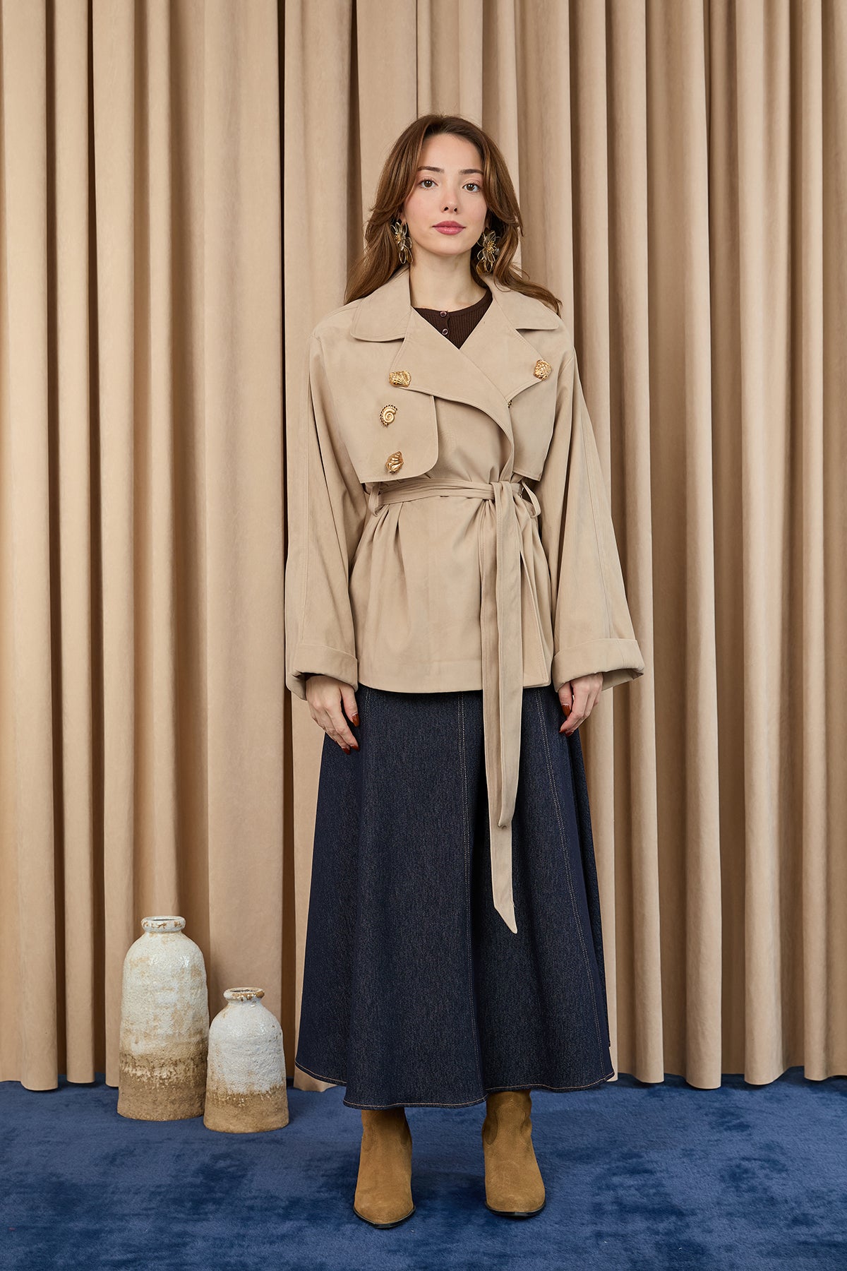 Kadın Broş Detaylı Kısa Trench - 32405