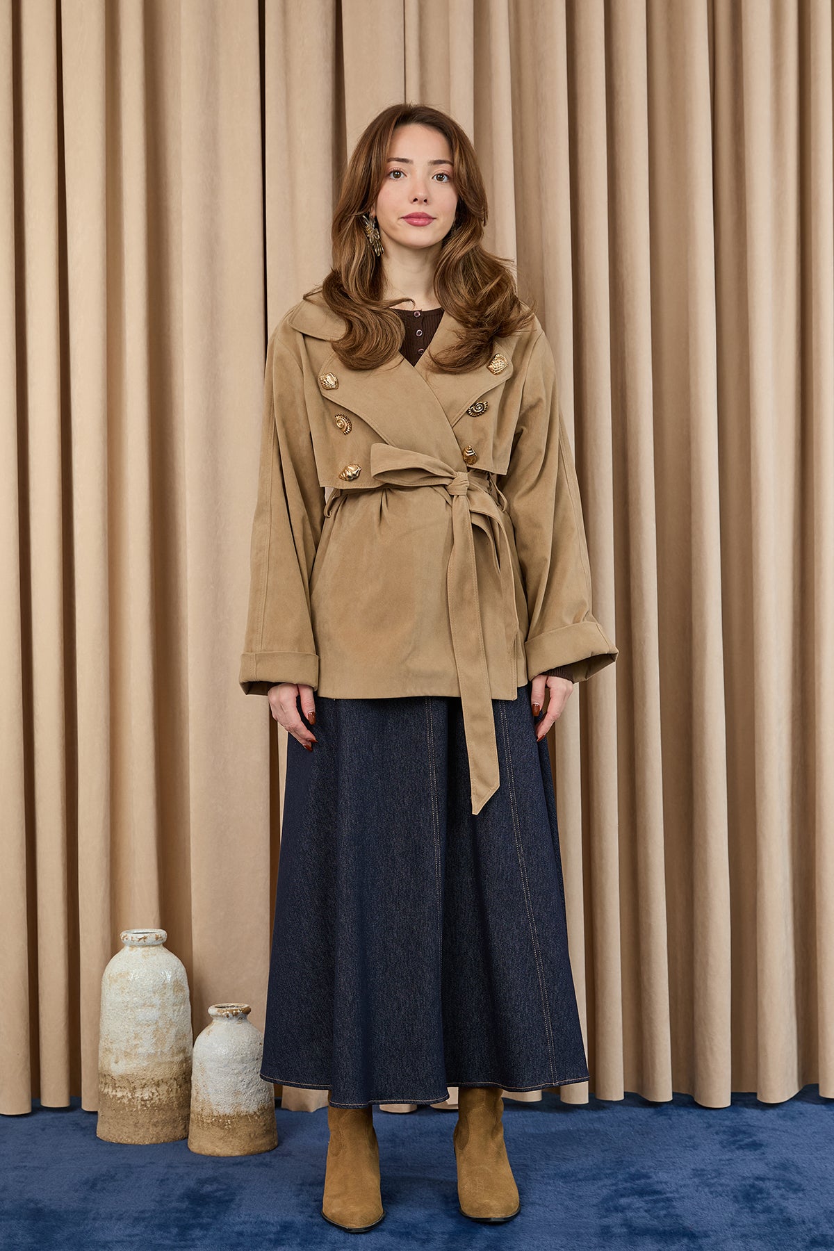 Kadın Broş Detaylı Kısa Trench - 32405