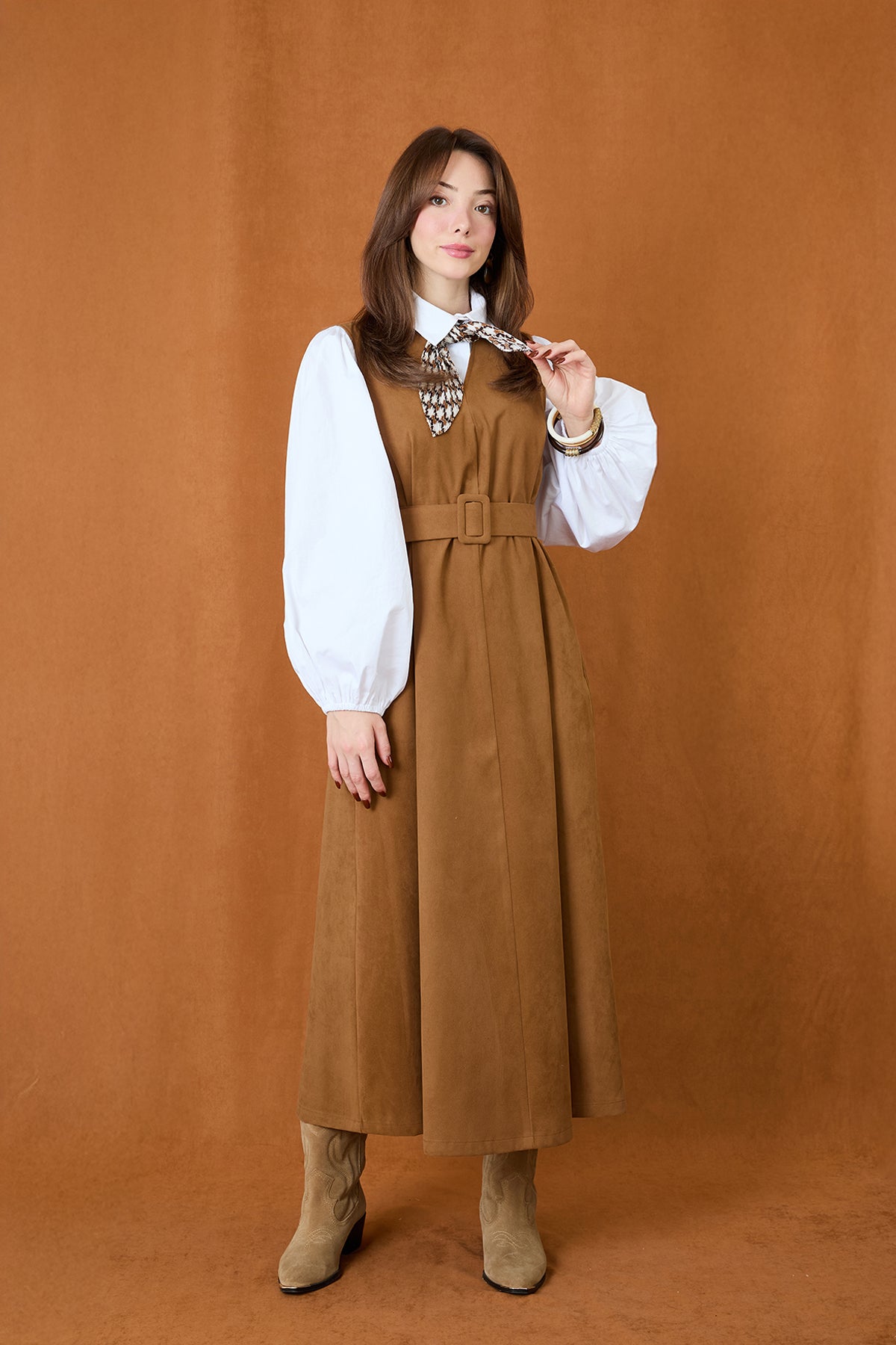 Kadın Kemer Detaylı V Yaka Süet Elbise - 32406ELB