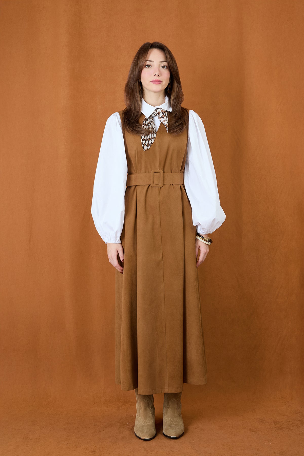 Kadın Kemer Detaylı V Yaka Süet Elbise - 32406ELB