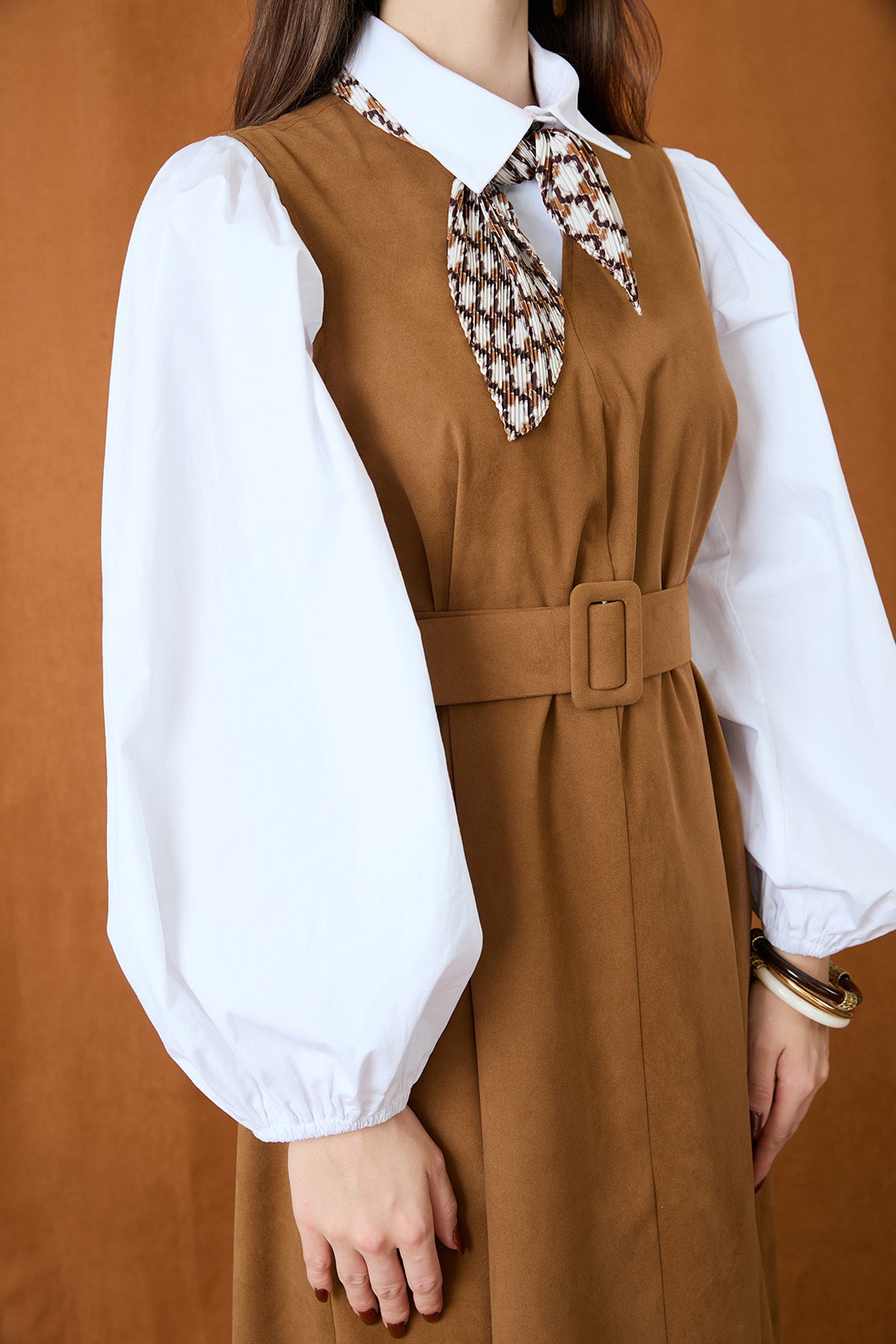 Kadın Kemer Detaylı V Yaka Süet Elbise - 32406ELB