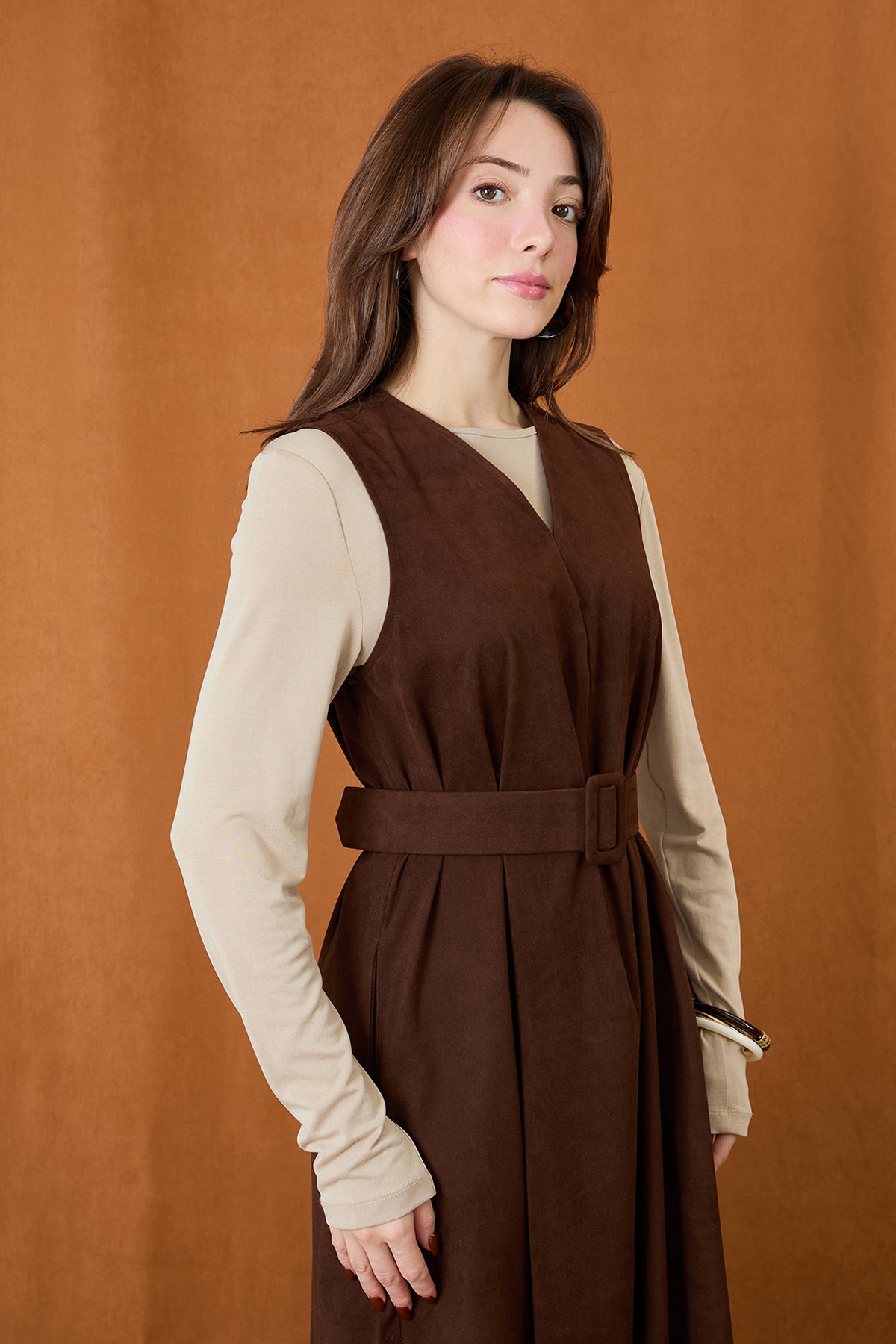 Kadın Kemer Detaylı V Yaka Süet Elbise - 32406ELB