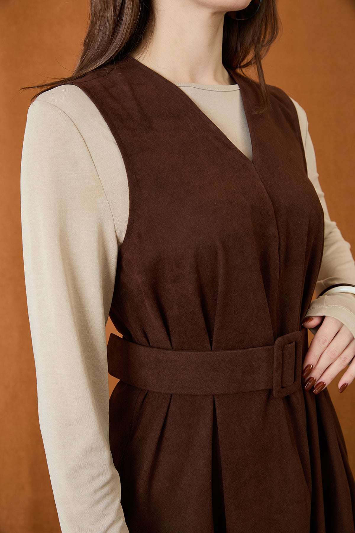 Kadın Kemer Detaylı V Yaka Süet Elbise - 32406ELB