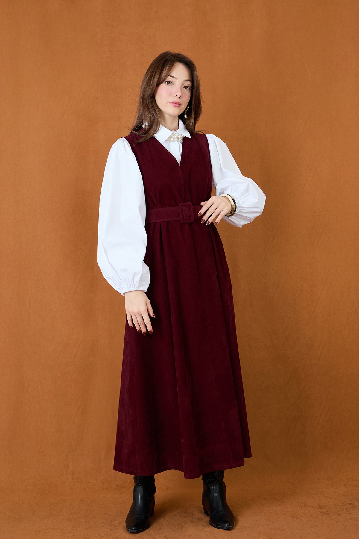 Kadın Kemer Detaylı V Yaka Süet Elbise - 32406ELB