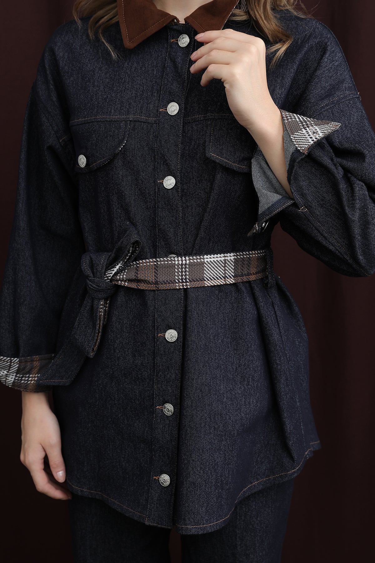 Kadın Ekose Detaylı Denim Ceket - 32413CKT