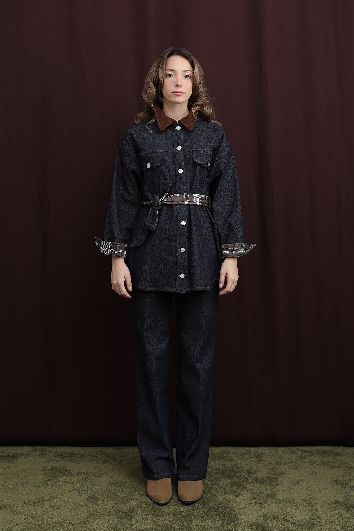 Kadın Ekose Detaylı Denim Ceket - 32413CKT